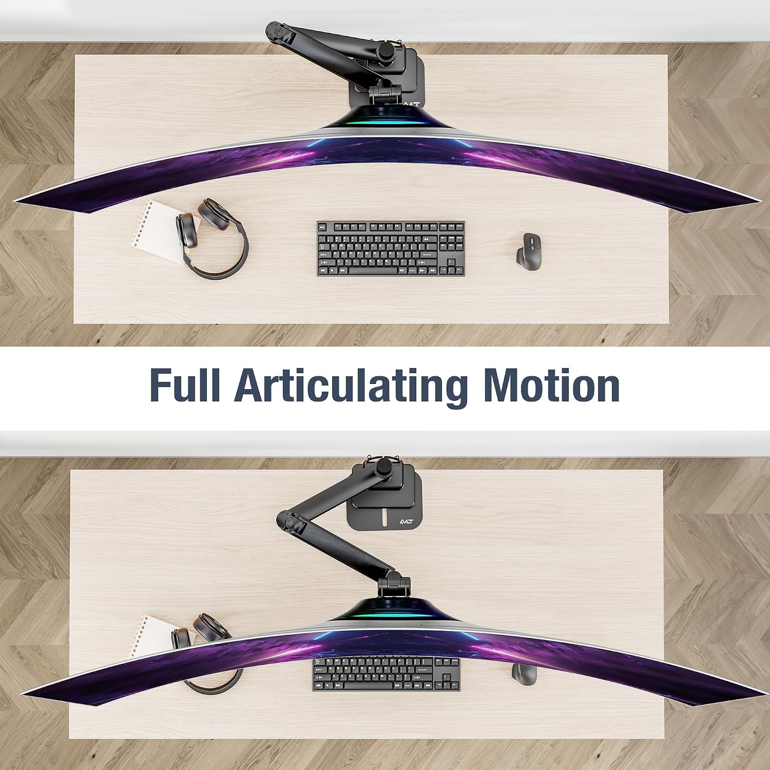 AVLT Single 57 Inch Heavy Duty Monitor Arm Pole Top Mount with USB-C/A Ports-Black, Height Adjustable, Easy Install Top C-Clamp/Grommet with Reinforcement Plates, VESA Compatible 200/100/75