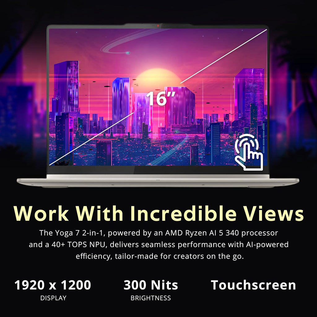 Lenovo Yoga 7 16' WUXGA 2-in-1 Touch Copilot+ Laptop, AMD Ryzen AI 5 340, 16GB LPDDR5X, 2.12TB Storage (2TB SSD+128GB Docking), AMD Radeon 840M, Backlit Keyboard, Fingerprint, WiFi 7, Win 11, Seashell