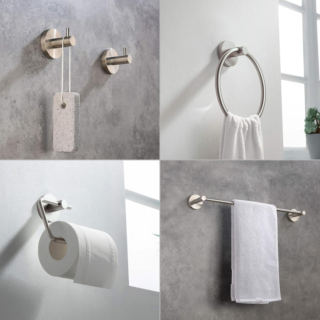 KIBI Circular Bathroom Hardware Set 5 Piece Bathroom Accessories Set | Towel Bar (18'), Towel Ring, Toilet Paper Holder, Robe Hooks (Brushed Nickel, C-KBA14-5-4)