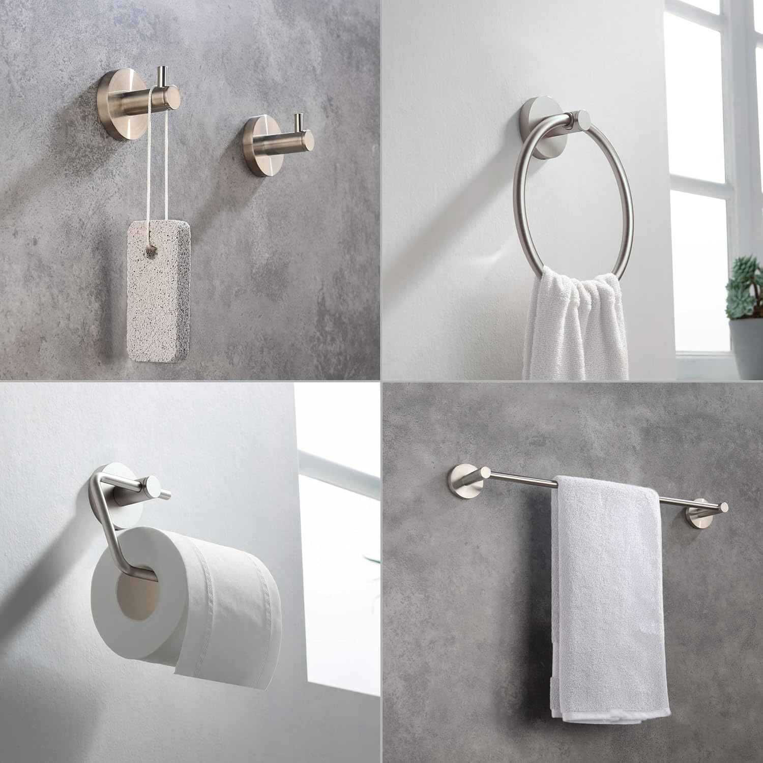 KIBI Circular Bathroom Hardware Set 5 Piece Bathroom Accessories Set | Towel Bar (18'), Towel Ring, Toilet Paper Holder, Robe Hooks (Brushed Nickel, C-KBA14-5-4)