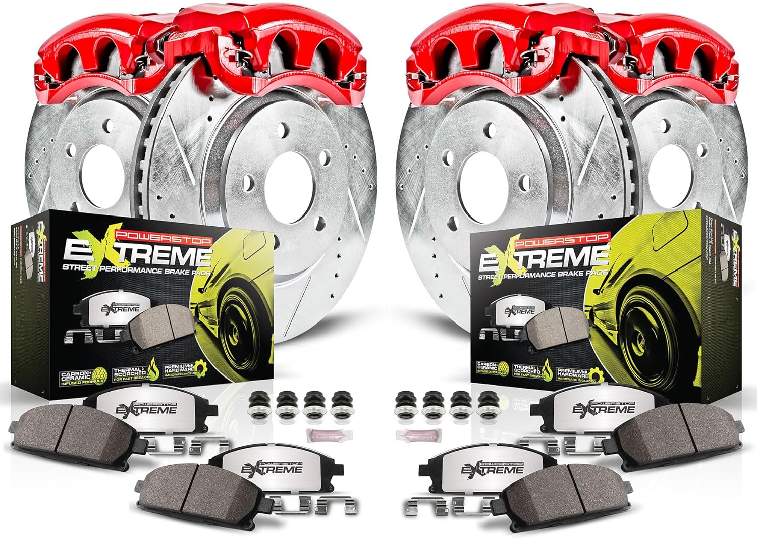 PowerStop Front and Rear Brake & Caliper Kit for Lincoln Town Car 2003-11 - Drilled & Slotted Disc Rotors + Carbon-Fiber Ceramic Brake Pads + Red-Powder Coated Calipers, KC4486-26