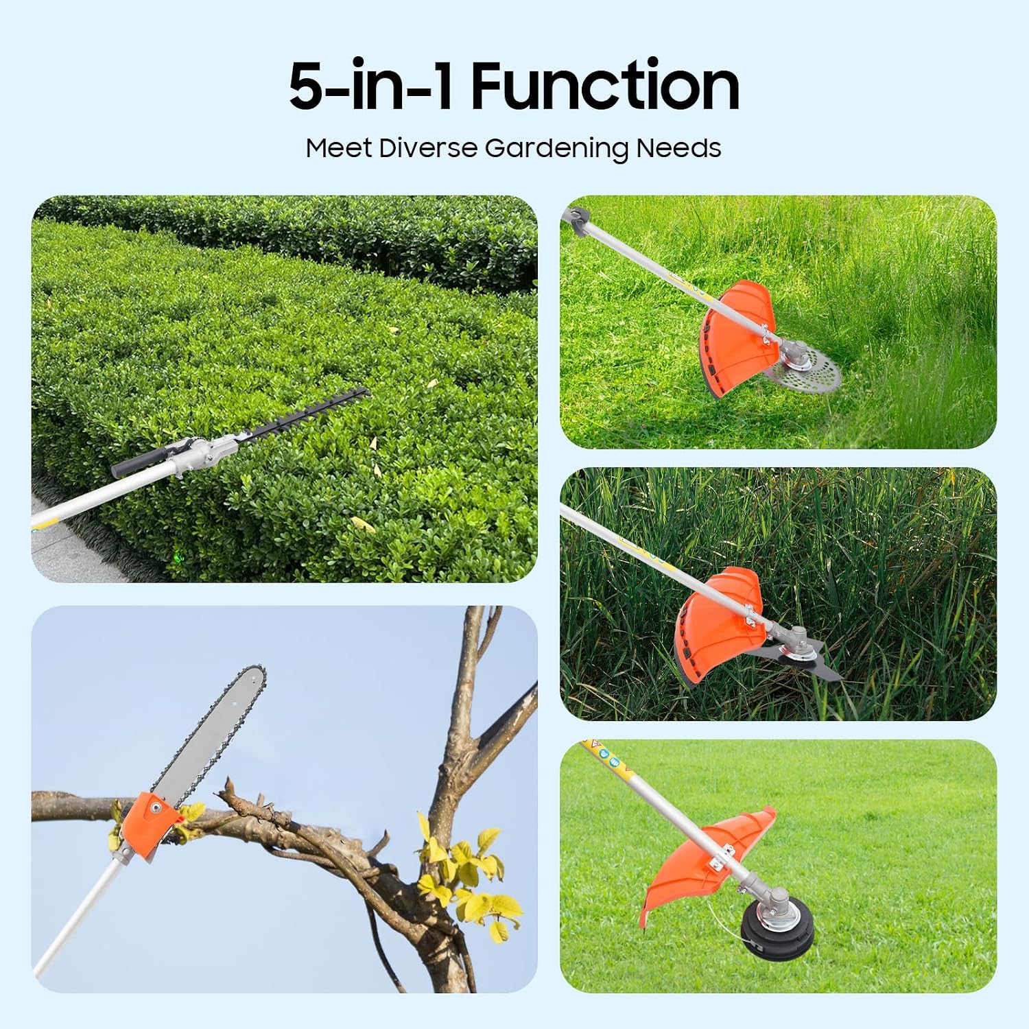 6-in-1 Gas Weed Eater, 2-Stroke 52CC Multi-Functional Trimming Tools Weed Wacker Lawn Mower Hedge Trimmer & Brush Cutter with Extension Pole for Yard Garden Total Lawn Brush and Tree Domination