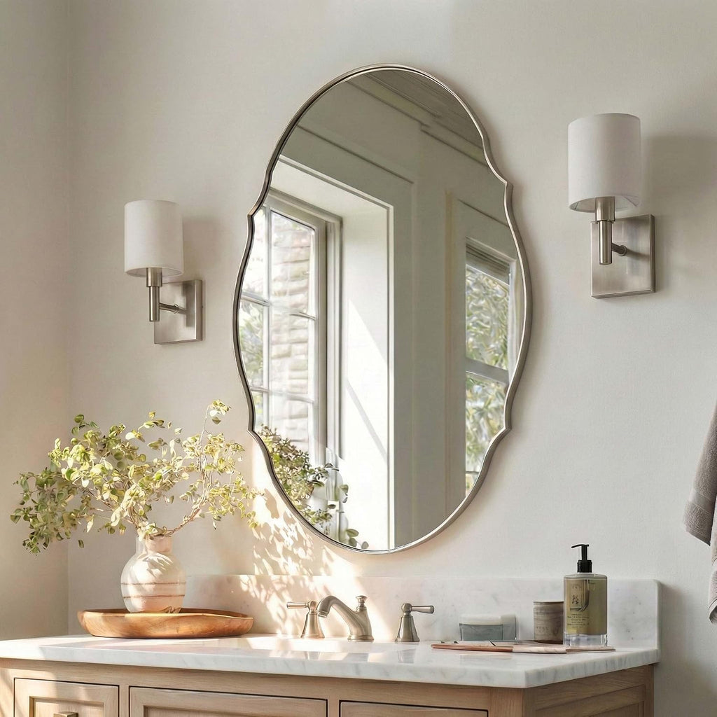 ANDY STAR Brushed Nickel Scalloped Oval Mirror 22x30, Silver Bathroom Mirror, Stainless Steel Oval Wall Mirror, Vintage Vanity Mirror for Double Sink, Powder Room, Entryway, Rust-Resistant