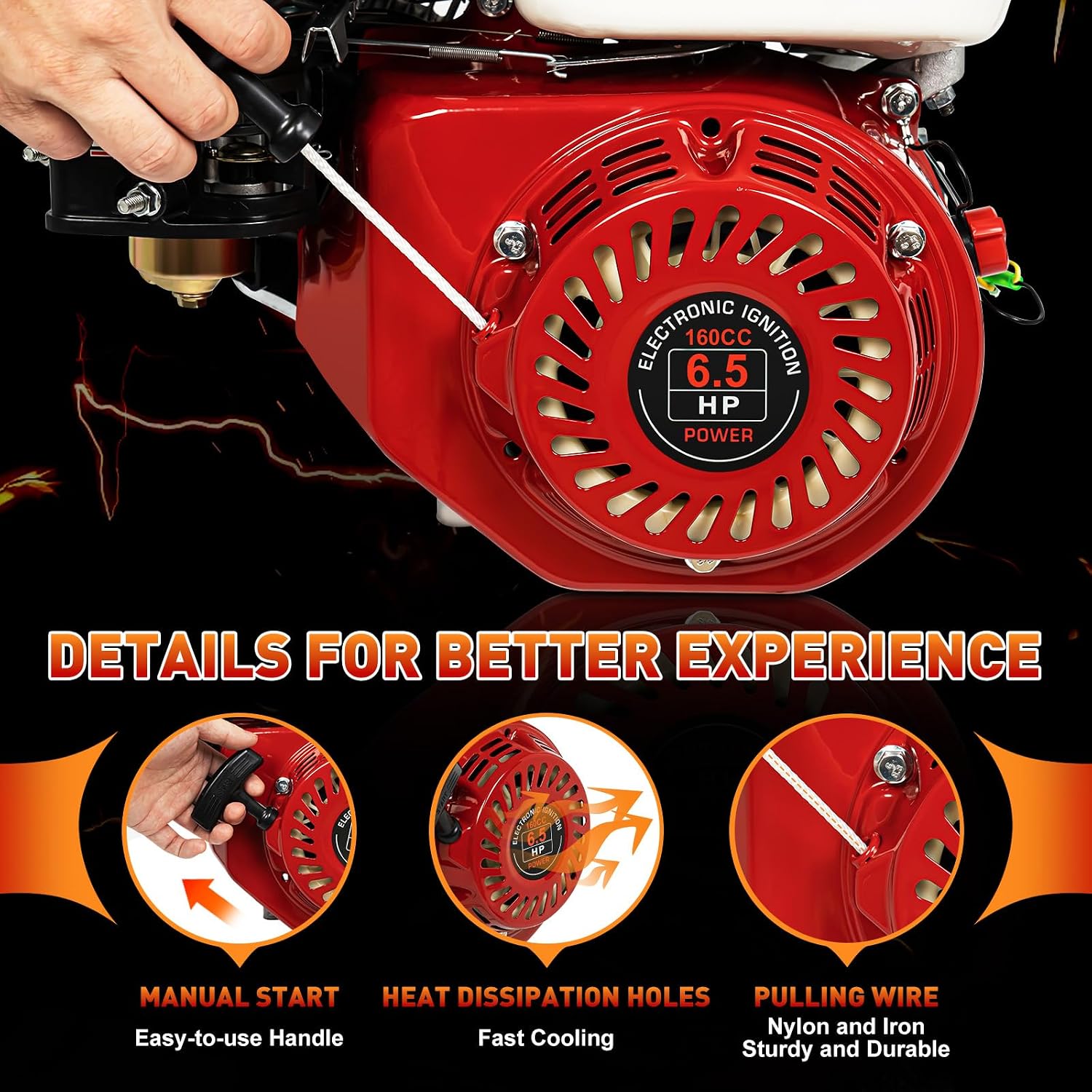 6.5HP 160CC Air Cooled Gas Engine,4-Stroke Horizontal Shaft Gas Engine Pull Start Gasoline Engine Motor OHV Replaces for Honda GX160 Go Kart Compressor Log Splitter Lawn Mower Mini Bike
