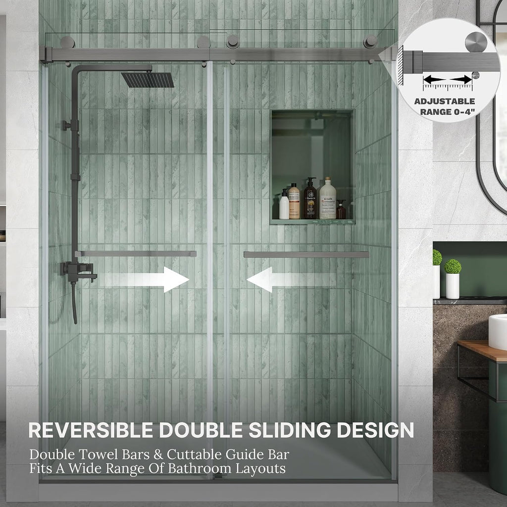DEBOX Frameless Double Sliding Shower Door, 50-55' W x 76' H, 3/8' (10mm) SGCC Clear Tempered Glass, Adjustable Width, Square Rail, Double Towel Bars, Gunmetal
