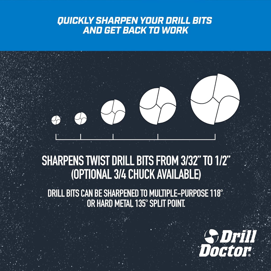 Drill Doctor DD500X Twist Drill Bit Sharpener - 3/32' to 1/2' - Electric Sharpener - High Speed & Portable - For Steel, Masonry, Carbide & Tin-Coated Drill Bits - Adjustable 118° or 135° Angle