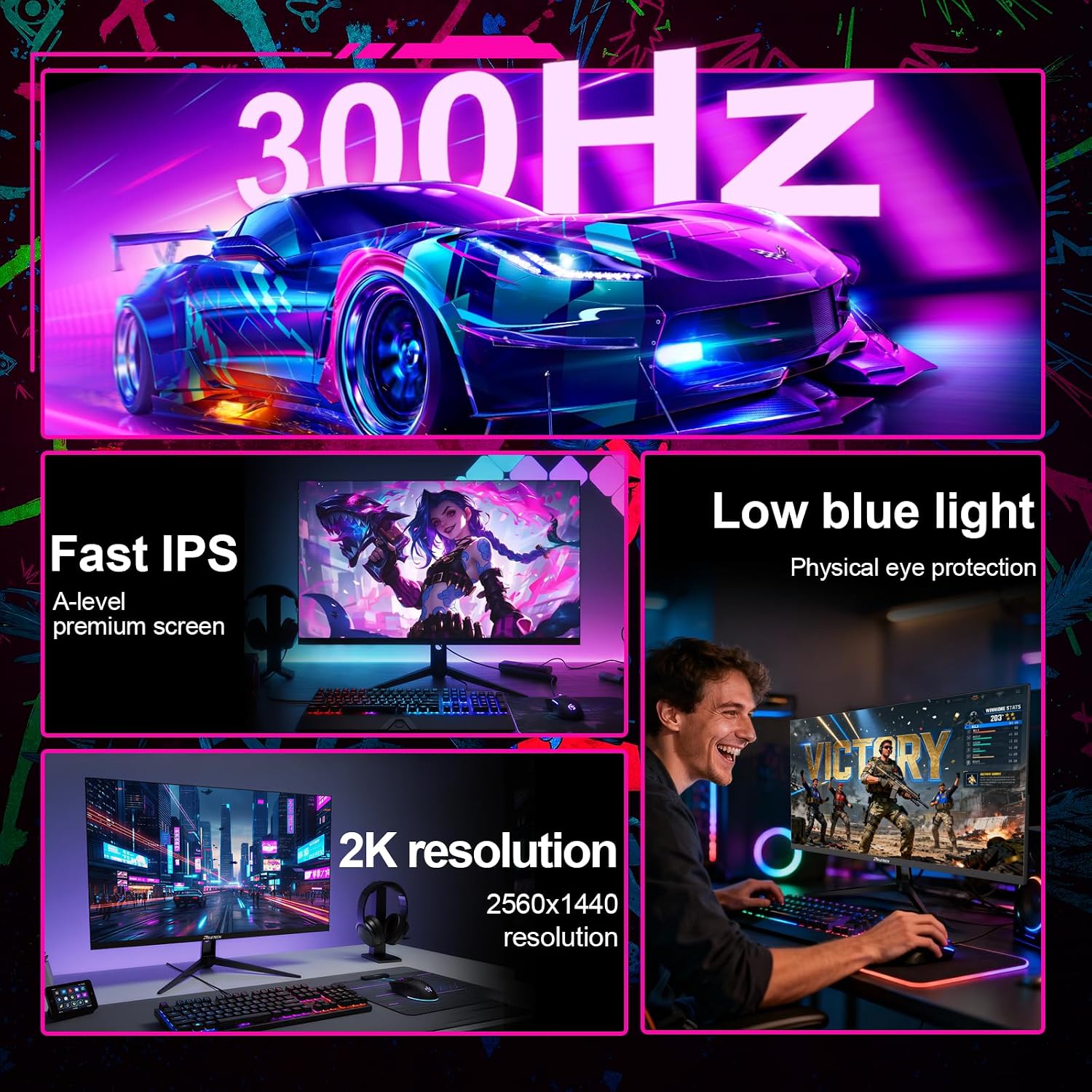 27inch Gaming Computer Monitor,2K(QHD 2560x1440) 300Hz Monitor, Fast IPS 1ms Response Time, FreeSync&G-Sync, Anti-Blue Light, Ultra Slim, 100% sRGB, DP*2 & HDMI*2 Ports VESA Mount(G27X Ultra)