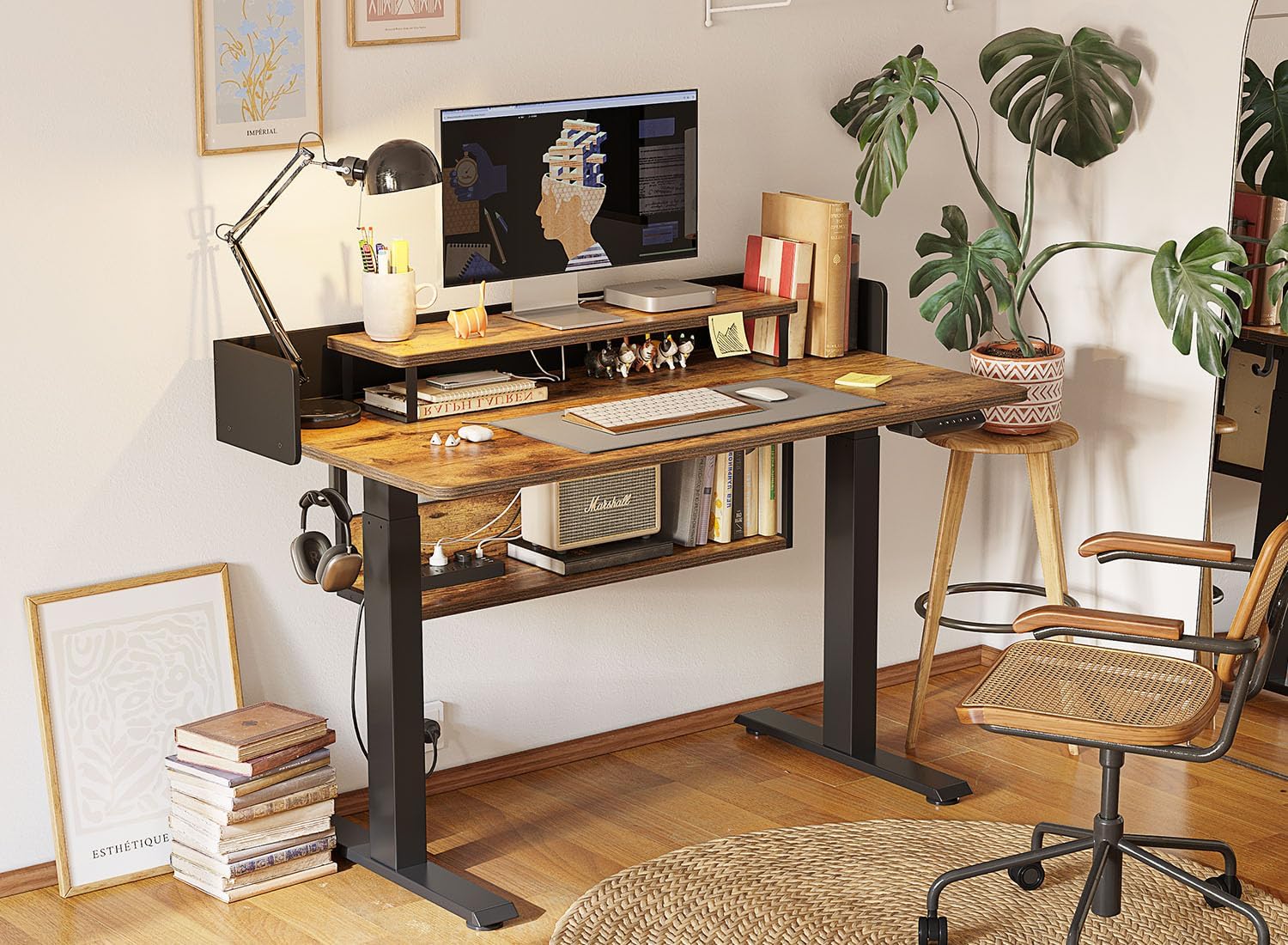 FEZIBO 55' Electric Standing Desk with Shelves, 55x24 Inches Sit Stand Rising Computer Desk with Monitor Shelf, Home Office Desks with Hook, Adjustable Height Stand Up Workstation Table, Rustic Brown