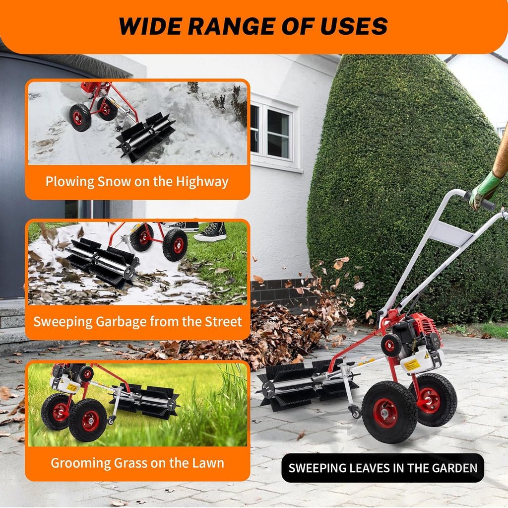 Gas Power Sweeper Broom, Walk Behind Snow Sweeper Broom with Wheels, 43cc 2-Stroke 1.7HP, Outdoor Sweeping Machine for Garden Lawn Yard Doorway Sidewalk Driveway Turf Grass