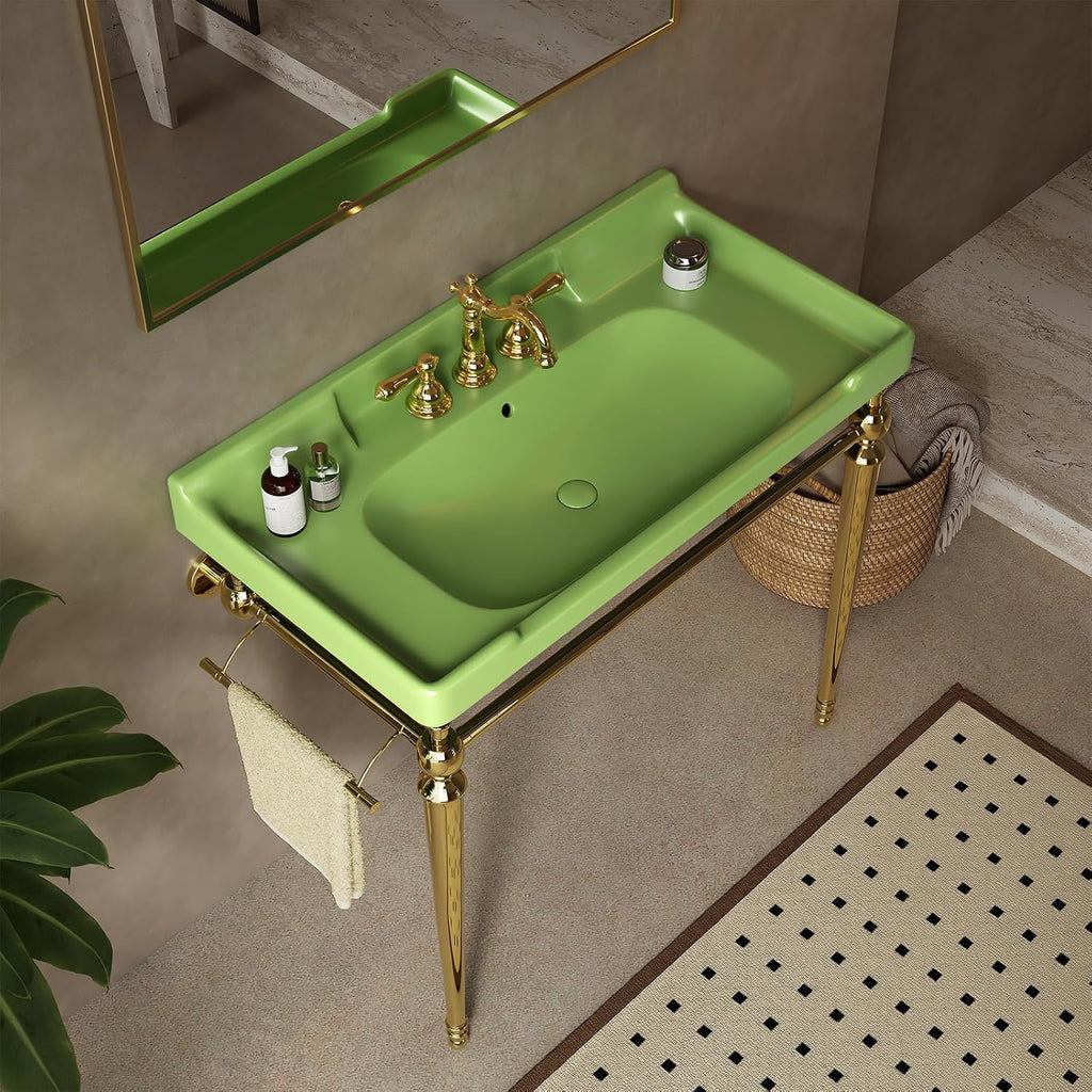 36 Inch Free Standing Bathroom Vanity with Stainless Brushed Gold Supporting Leg and Towel Rack, Green Bathroom Console Sink with 3 Tap Holes