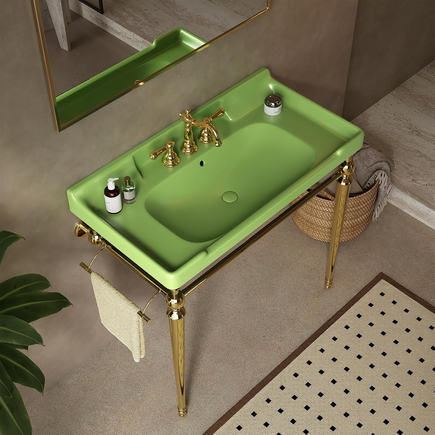 36 Inch Free Standing Bathroom Vanity with Stainless Brushed Gold Supporting Leg and Towel Rack, Green Bathroom Console Sink with 3 Tap Holes