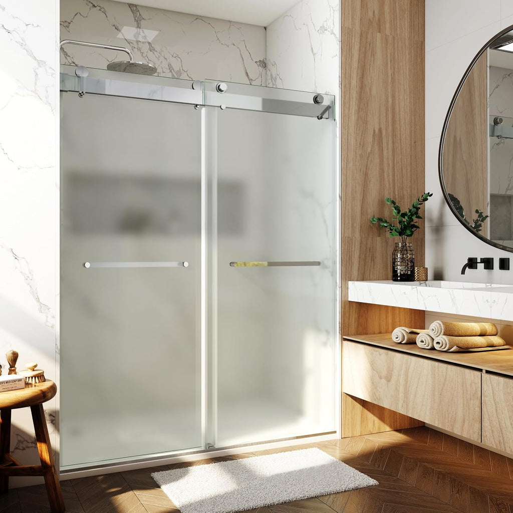 Shower Doors Soft Close 56-60' W x 76' H Ultra-Clear Single Sided Frosted Double Sliding Frameless 3/8'(10mm) Temperedd Glass with Towel Bar Handle(Chrome)