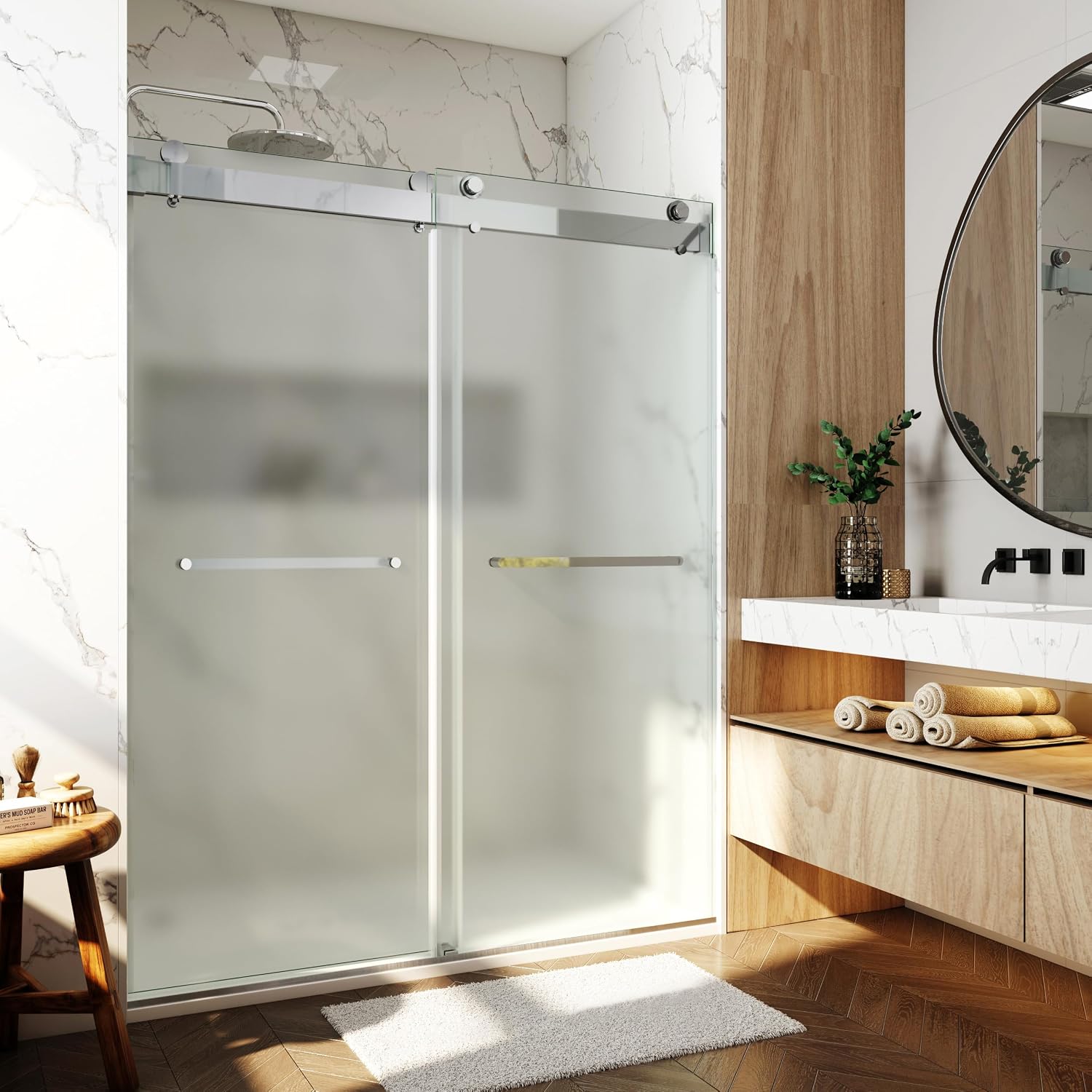 Shower Doors Soft Close 56-60' W x 76' H Ultra-Clear Single Sided Frosted Double Sliding Frameless 3/8'(10mm) Temperedd Glass with Towel Bar Handle(Chrome)