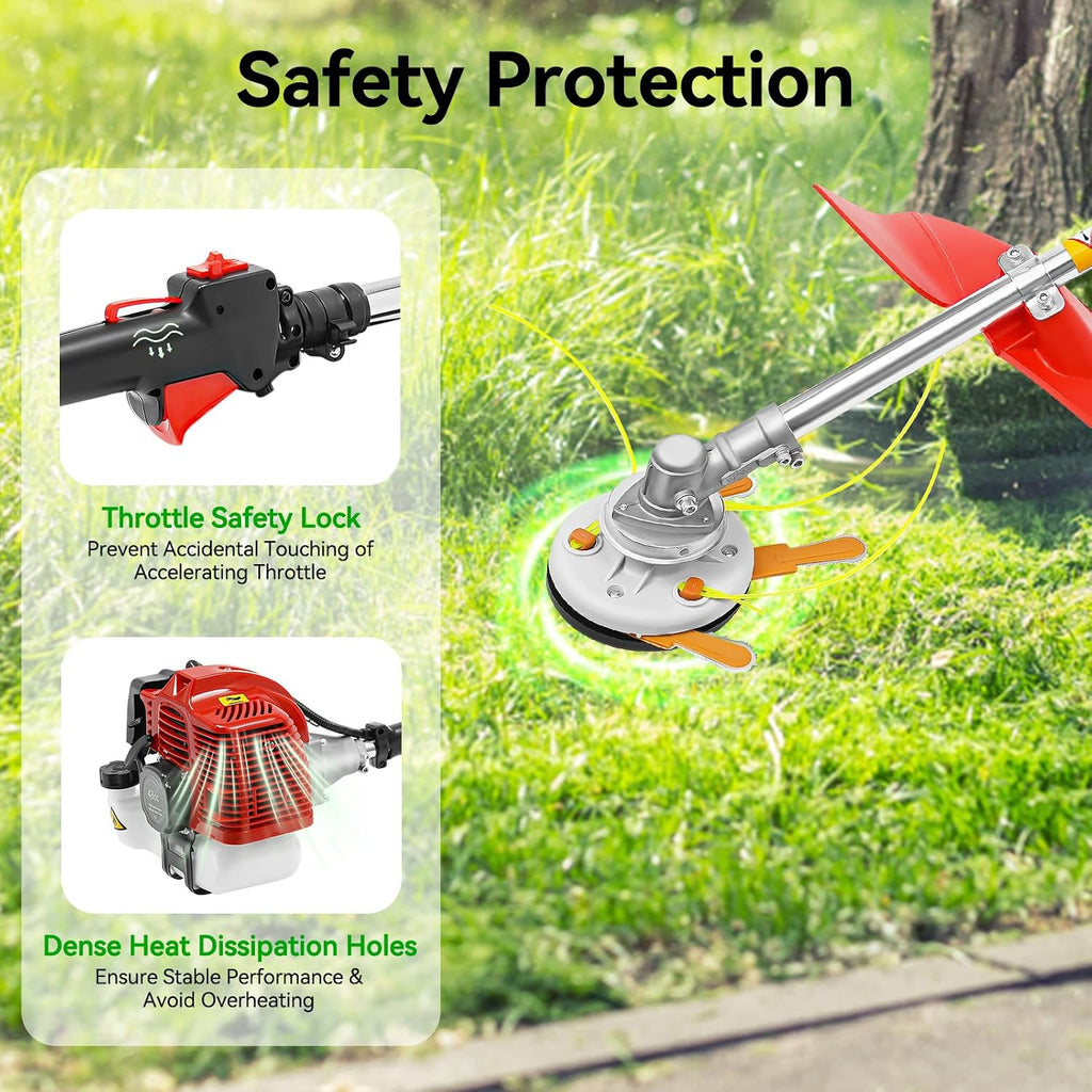 Gas Weed Wacker, 1250W 43CC 2-Stroke Weed Eater 8500RPM High Speed Lawn Edger with Two Blade Heads, Cordless Portable Single-Cylinder Grass Trimmer Tools for Home Garden Lawn Mowing