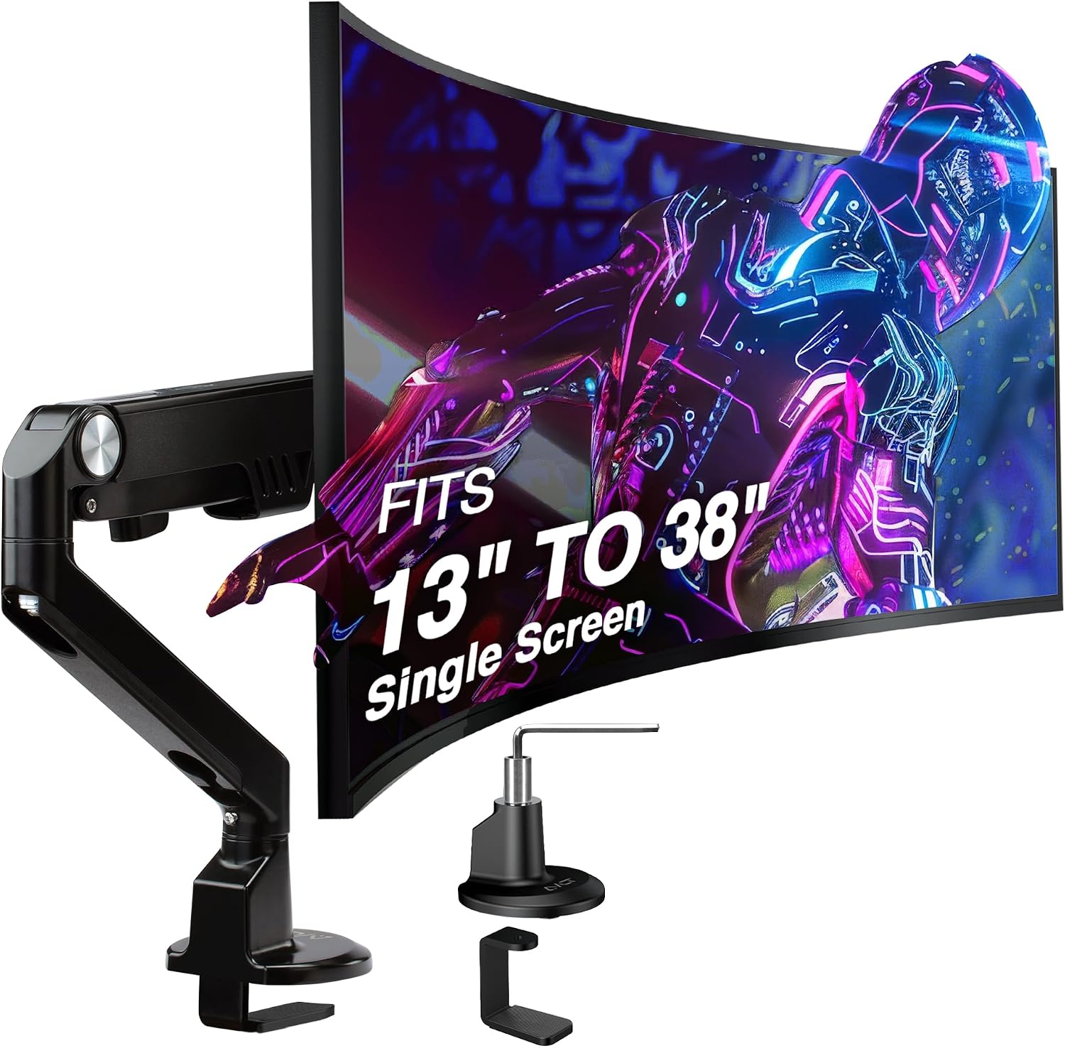 AVLT Single 13'-38' Monitor Arm Desk Mount fits One Flat/Curved/Ultrawide Screens Full Motion Height Swivel Tilt Rotation Adjustable - VESA/C-Clamp/Cable Management - Black