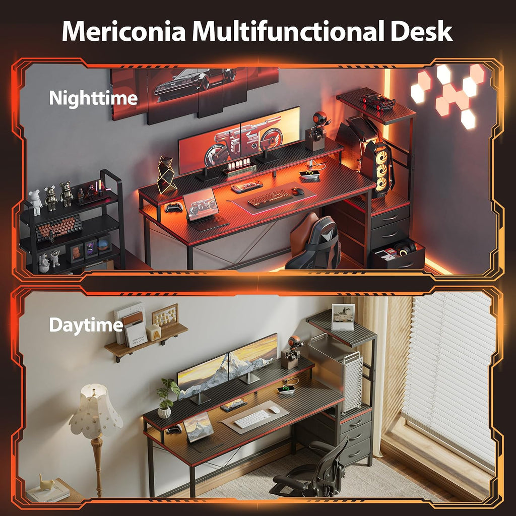 Mericonia 52 inch Gaming Desk with LED Lights & Power Outlets, Reversible Computer Desk with Storage Drawers & Monitor Stand, Large Gaming Table for Home Office