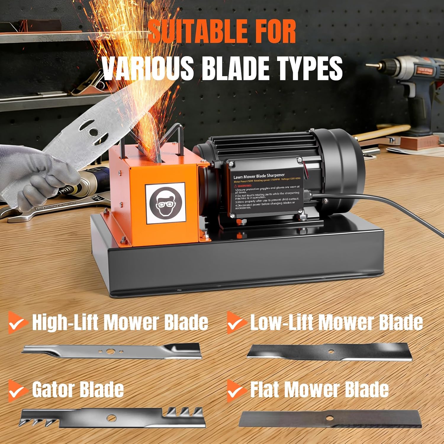 Lawn Mower Blade Sharpener – 1HP 750W Lawnmower Bench Grinder with 9-inch Ceramic Wheel for High/Low Lift, Flat & Gator Blades