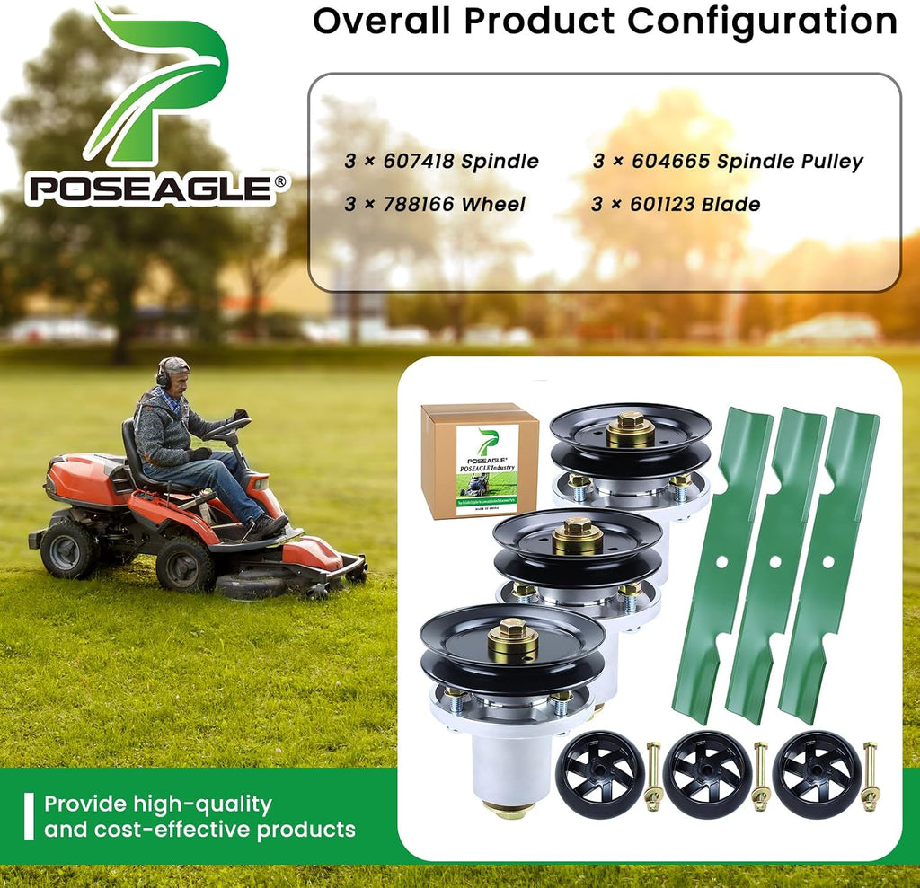 48 Inch Mower Deck Rebuild Kit for Hustler Raptor SD 48 Spindles, Raptor Flip-Up Includes 3 Pack 601804 607418 Spindle Assembly with 604665 Spindle Pulley 788166 Wheel 601123 Mower Blades