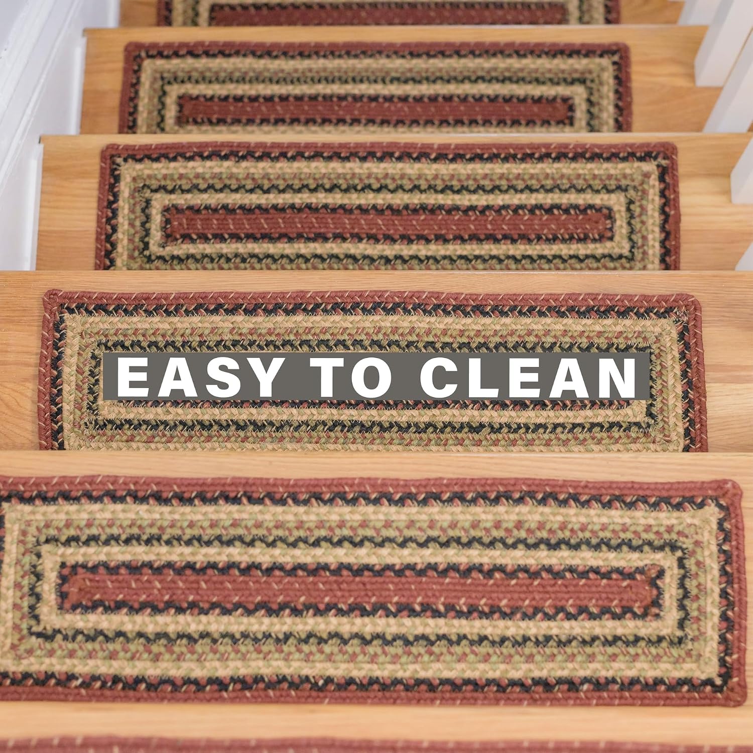 Homespice Highland Jute Braided Staircase Step Treads, Country Lodge Decor, Set of 13, Multicolor 8x28 Oval Rug for Stairs - Easy to Clean, Tightly Stitched and Durable