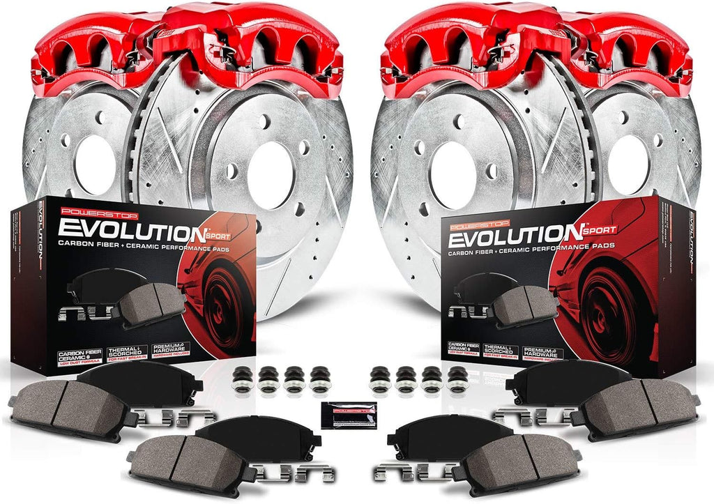 PowerStop Front and Rear Brake Kit for Lexus ES350 2007-12 |Toyota Avalon 2008-11 |Camry 2007-11 - Carbon-Fiber Ceramic Brake Pads + Drilled & Slotted Rotors + Red Powder Coated Calipers, KC2822