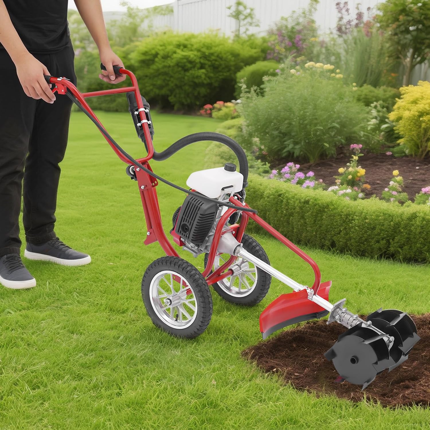 63CC 4-Stroke Gas Powered Lawn Mower, 3in1 Hand Push Lawn Mower Trimmer, Brush Mower Gasoline Brush Broom Sweeping Machine, 4HP Gas Brush Cutter String Trimmer for Yard, Farms, Parks