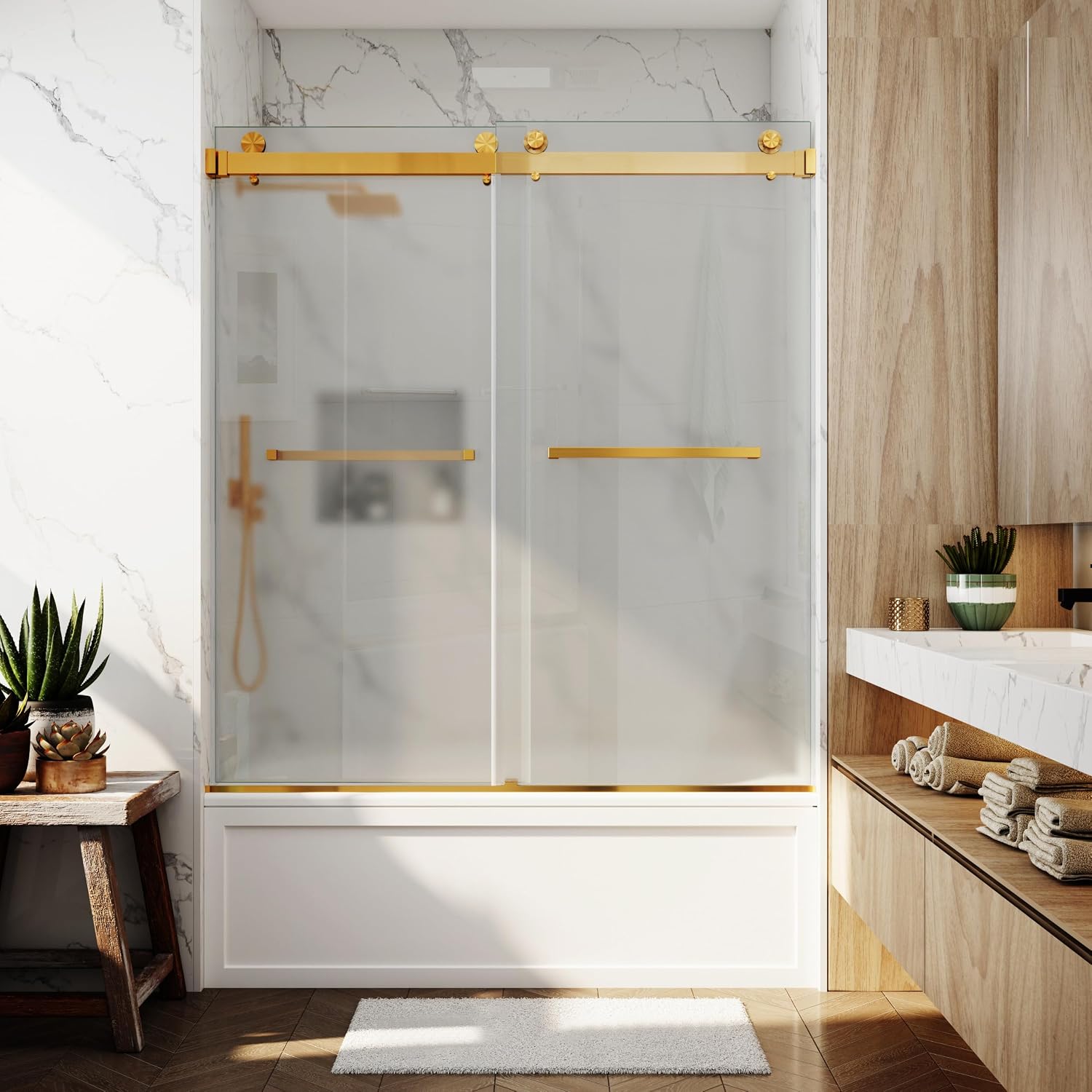 Bathtub Shower Doors Frosted 56-60' W x 66' H Double Sliding 3/8'(10mm) Frameless Tempere Glass Towel Bar Handle (Brushed Gold)