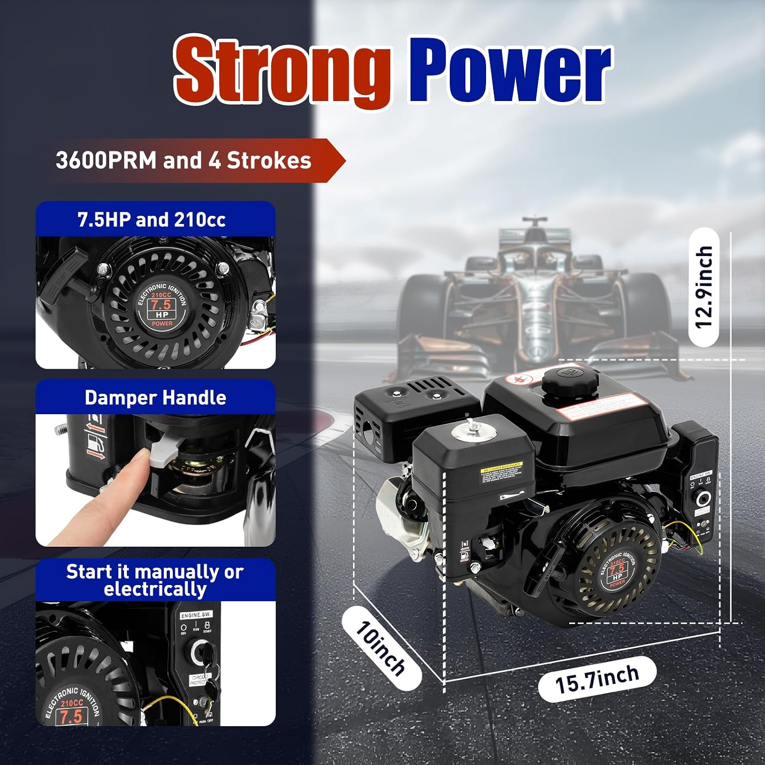 Bepritm 7.5HP 210CC Gas Engine with Electric Start, Gasoline Engine 3600RPM 4-Stroke Single Cylinder for Go Kart Lawn Mower Compressor Pump Generator Gas Powered