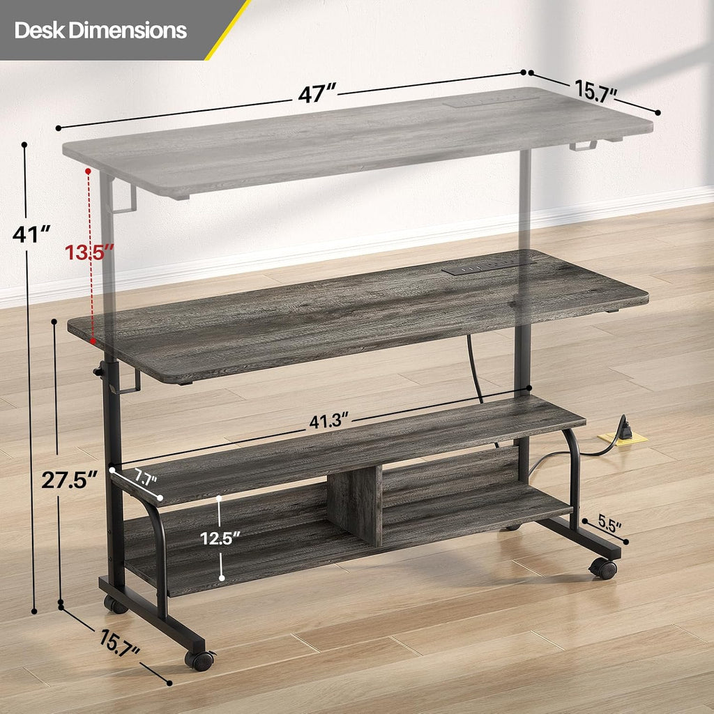 Armocity Rolling Standing Desk with Power Outlets, 47' Manual Height Adjustable Mobile Computer Desk with Wheels, Portable Sit Stand Laptop Couch Table for Bed & Sofa Home Office, Grey Oak