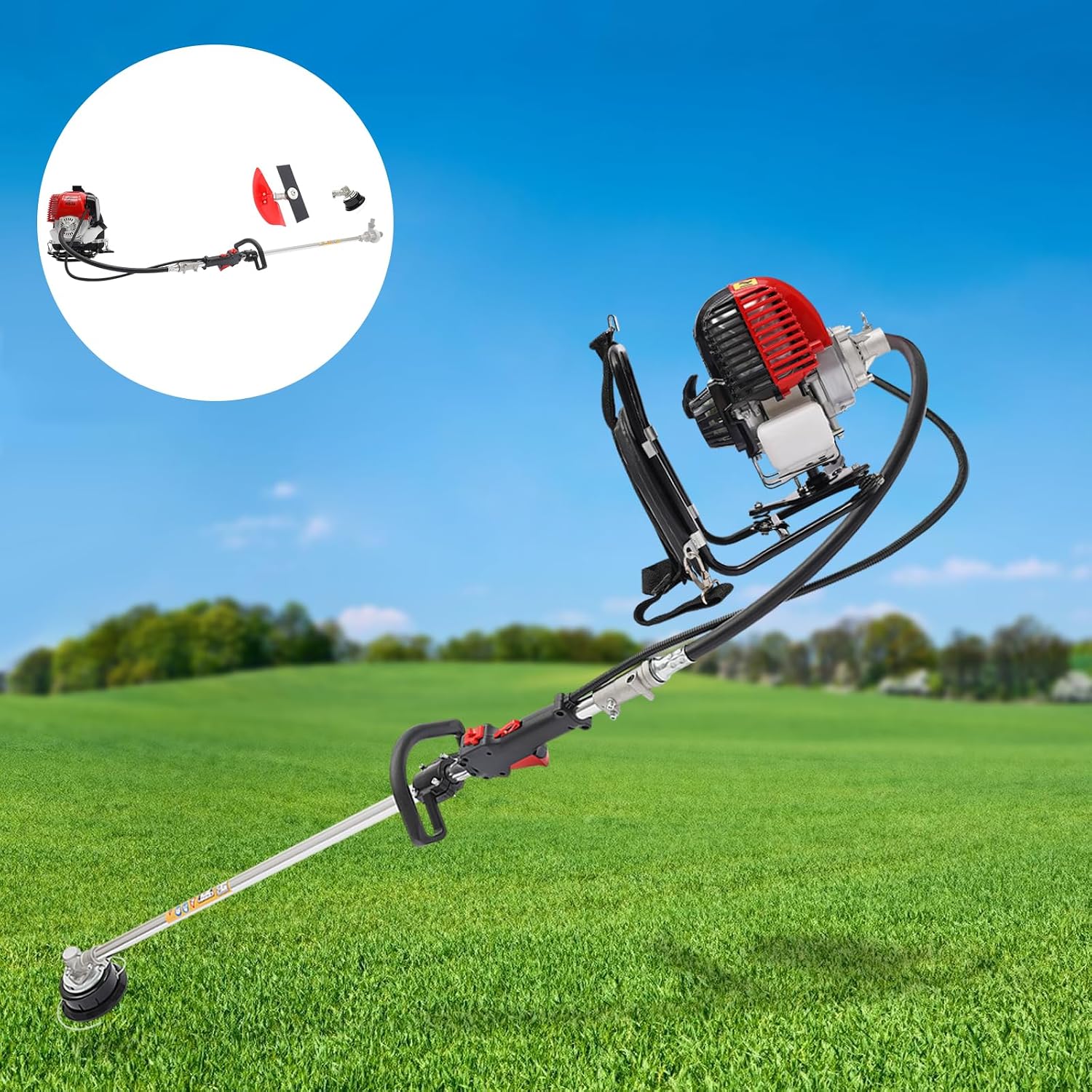 Brush Cutter Gas Powered 2 in 1 Backpack 4 Stroke Weed Wacker 31CC 750W Cordless Air Cooling Single Cylinder Gasoline Powered Tiller Grass Hedge Trimmer Lawn Mower, 8500RPM
