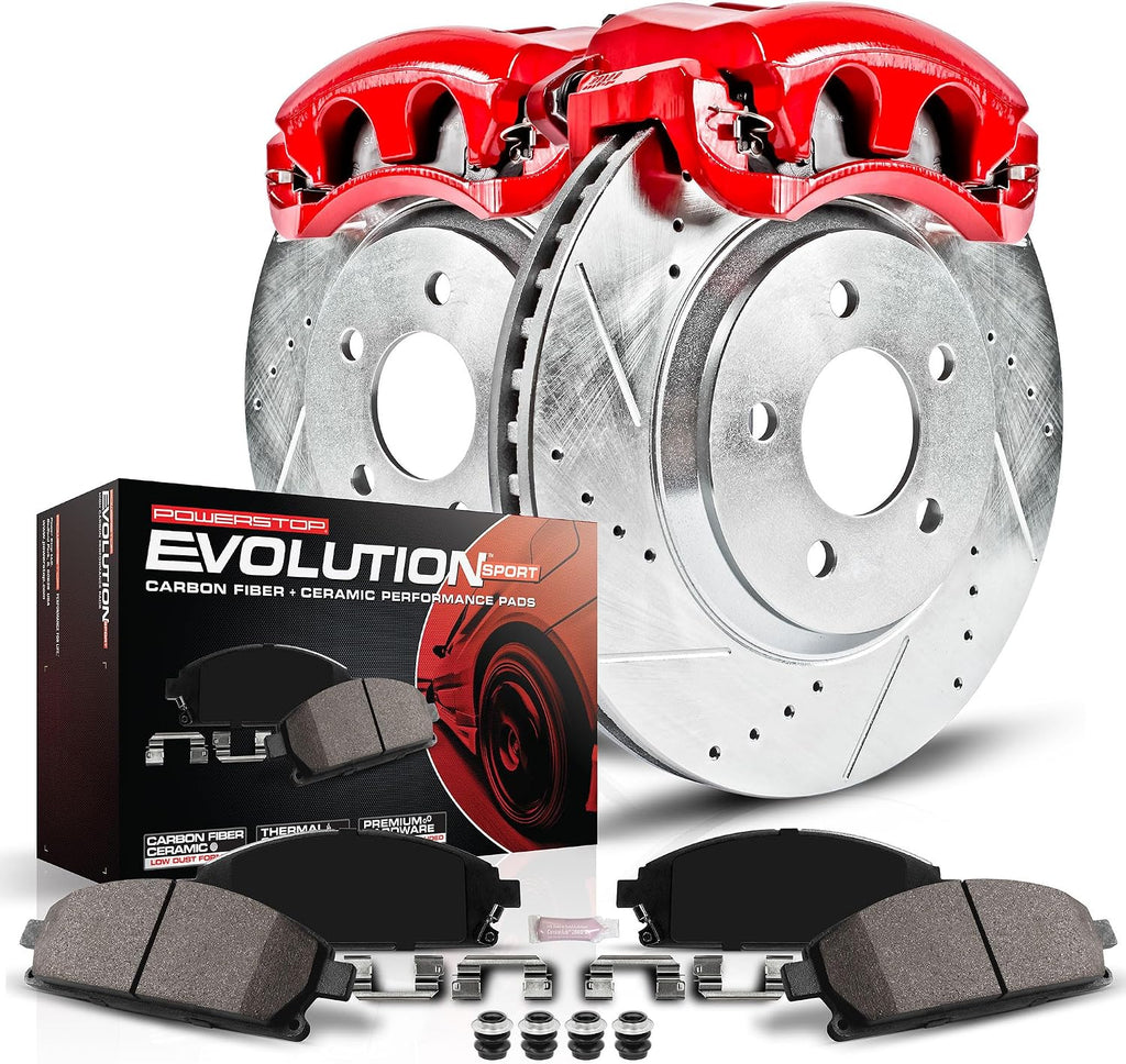PowerStop Front Brake & Caliper Kit for Honda Fit 2007-08 - Carbon-Fiber Ceramic Brake Pads + Drilled & Slotted Rotors + Red Powder Coated Calipers, KC694
