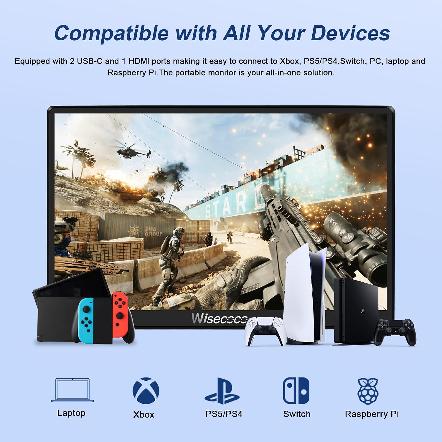 wisecoco 7 inch Portable Monitor Touchscreen IPS 1080P 1920x1080 120Hz Mini LCD Display Second Screen USB C HDMI Ultra Thin for Raspberry Pi 5/4 Switch PS5 Xbox Laptop PC