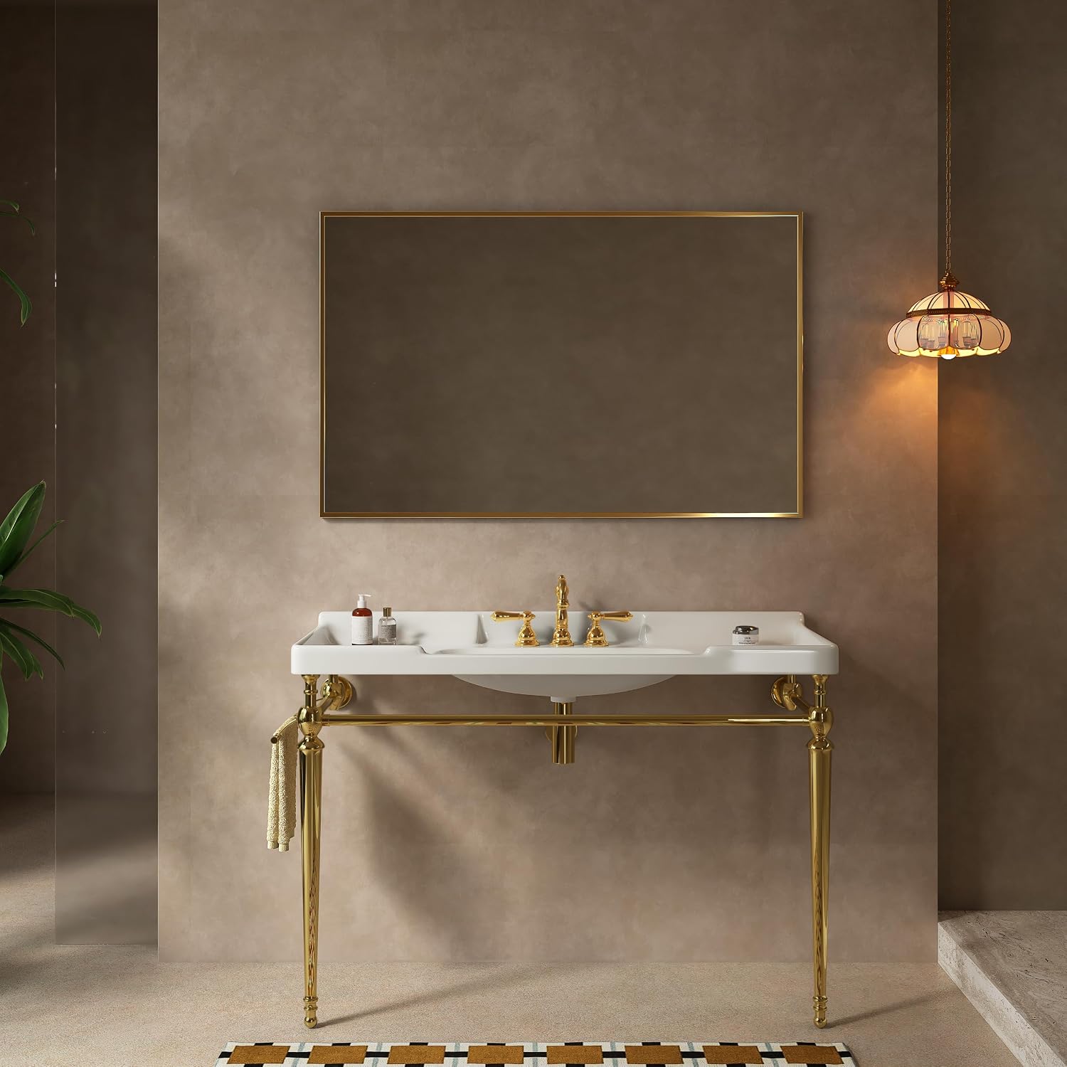 48' Console Bathroom Sink, Freestanding Console Sink With Stainless Brushed Gold Legs, Modern Bathroom Vanity with 3 Tap Holes, White Ceramic Basin