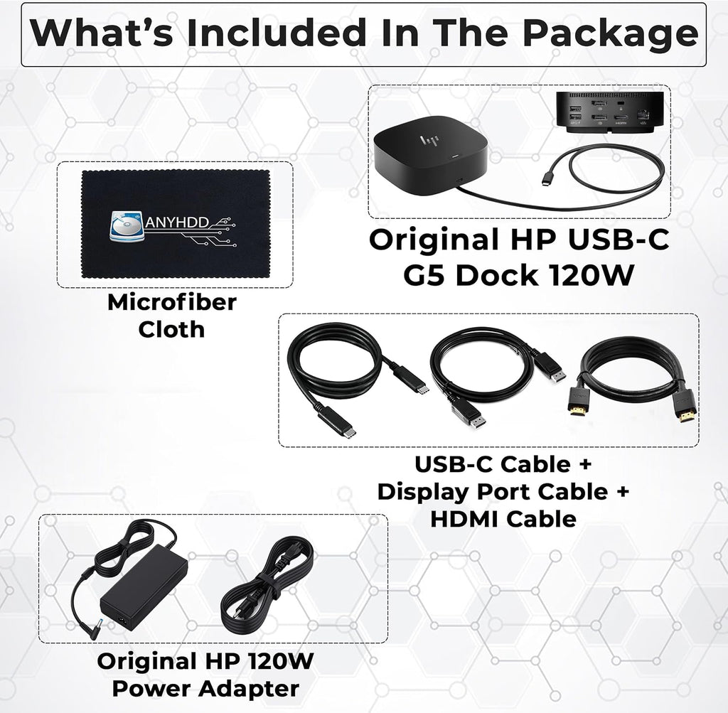 HP Docking Station for Laptop Dual Monitor and Charging Bundle - USB-C G5 Dock 5YH27AV#ABA with 120W Adapter + HDMI Cable + DisplayPort Cable + USB-C Cable + Microfiber Cloth (Renewed)