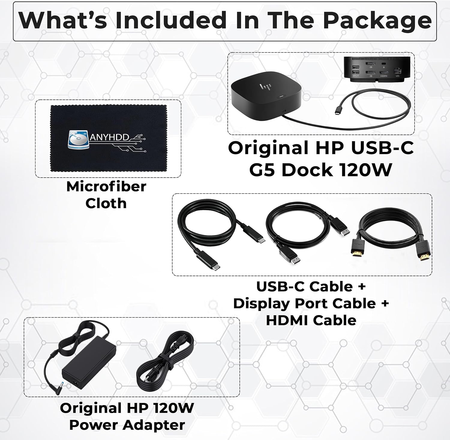 HP Docking Station for Laptop Dual Monitor and Charging Bundle - USB-C G5 Dock 5YH27AV#ABA with 120W Adapter + HDMI Cable + DisplayPort Cable + USB-C Cable + Microfiber Cloth (Renewed)