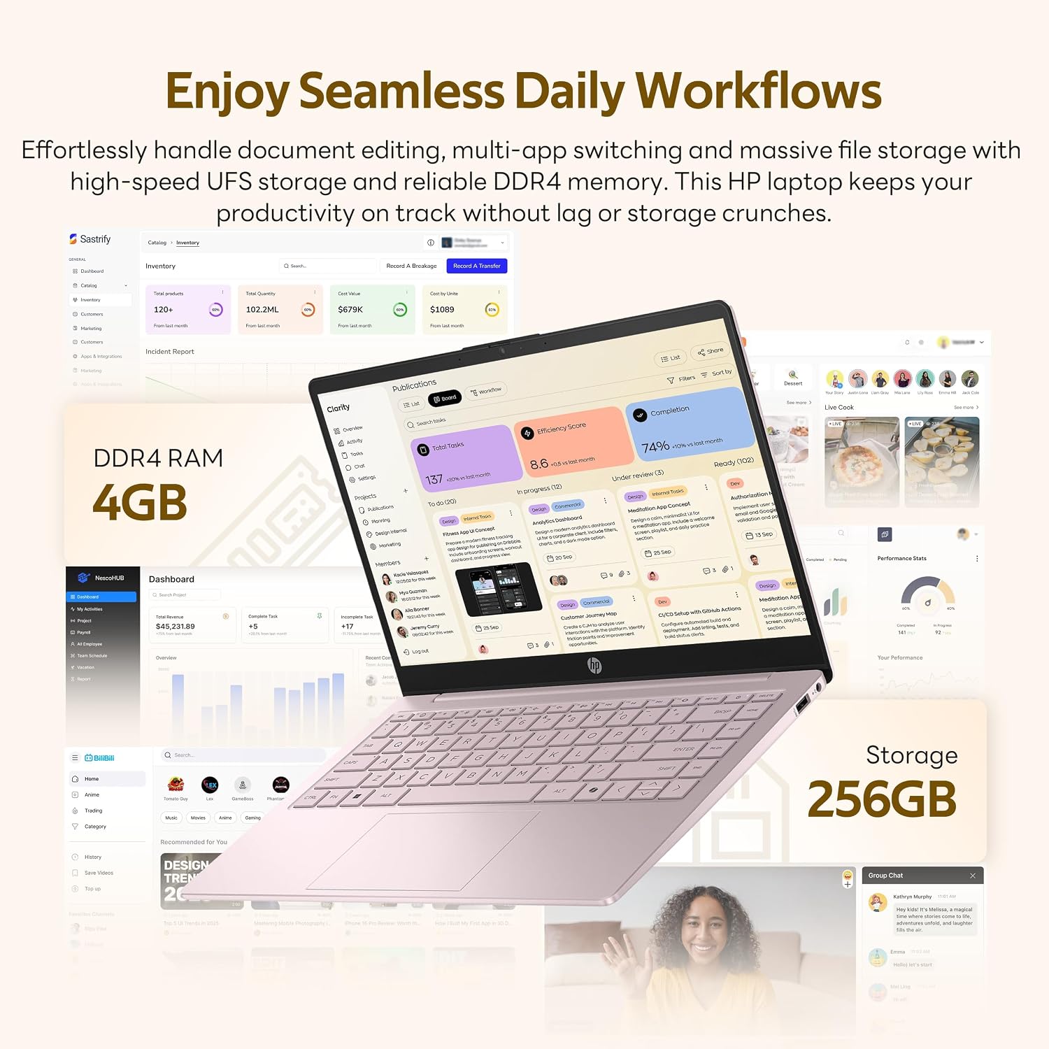 HP Flagship 14' HD Student&Business Laptop with AI Copilot, 13th Gen Intel 4-Core, 4GB RAM, 256GB Storage (128GB UFS + 128GB Docking Station), 1 Year Office 365, 720p Webcam, Win 11, Tranquil Pink
