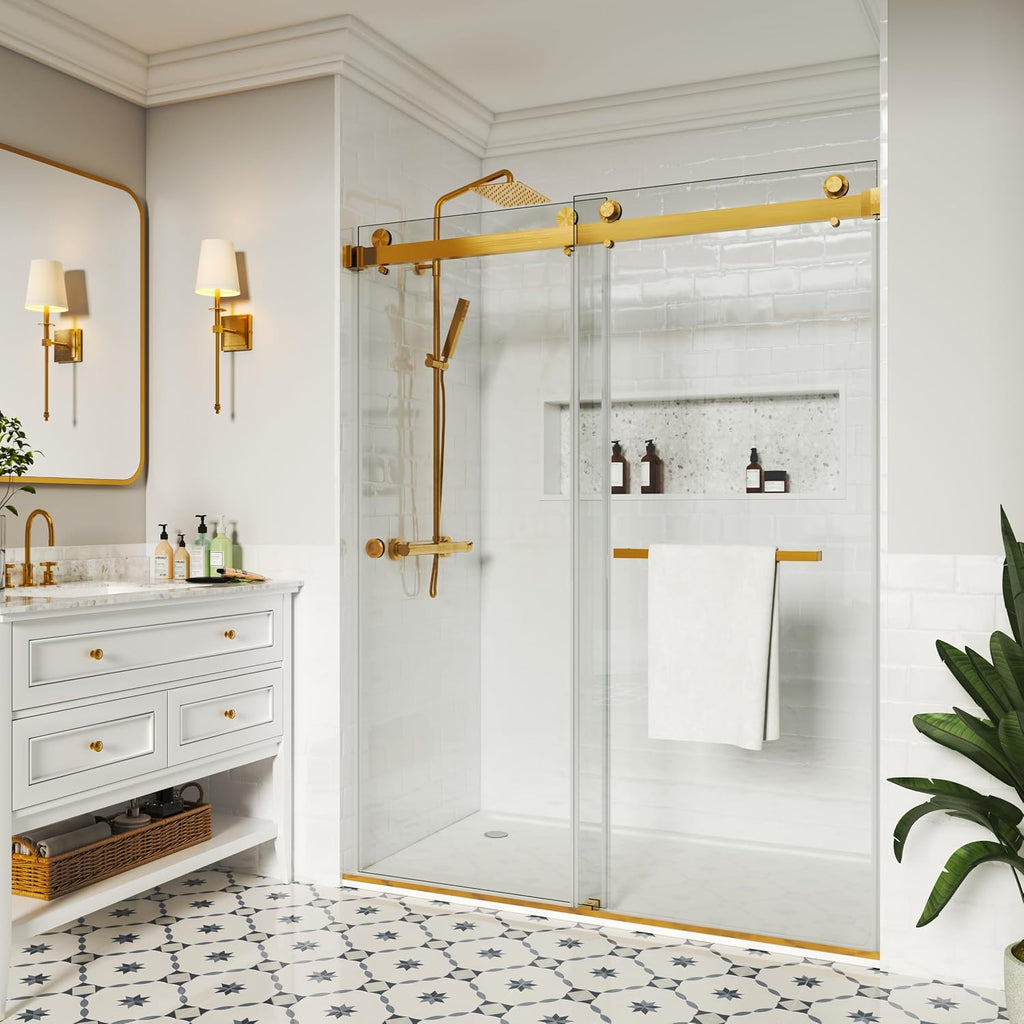 Shower Door, 56-61 'W x 72 'H, SGCC Certified 3/8' (10 mm) Clear Tempered Glass, 1 Towel Bar Handle, 1 Finger Pull, Frameless Double Sliding Shower Door,Stainless Steel Brushed Gold Finish