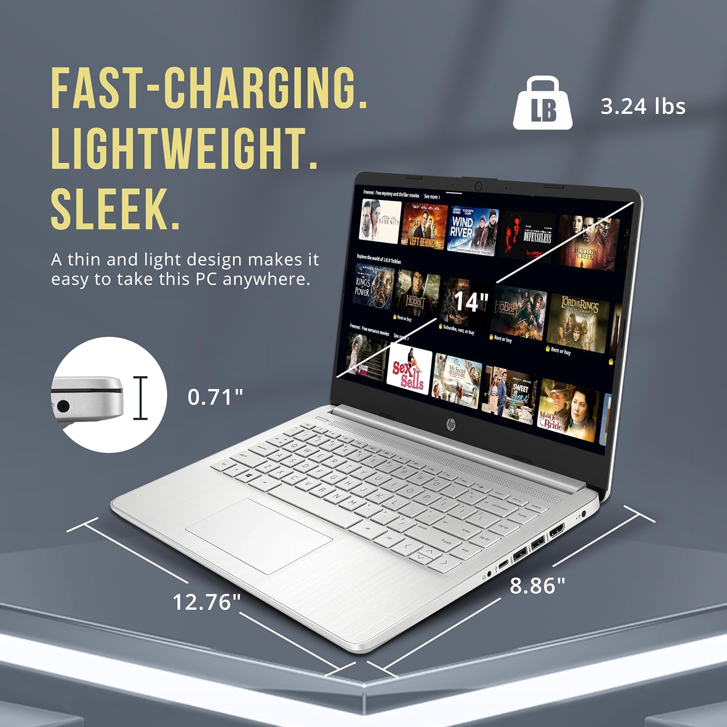 HP Stream 14' HD Laptop, Intel Celeron N4120, 16GB RAM, 288GB Storage (128GB eMMC + 160GB SSD Docking Station Set), Intel UHD Graphics, HD Webcam, WiFi, Bluetooth, 1 Year Office 365, Win 11 S, Silver