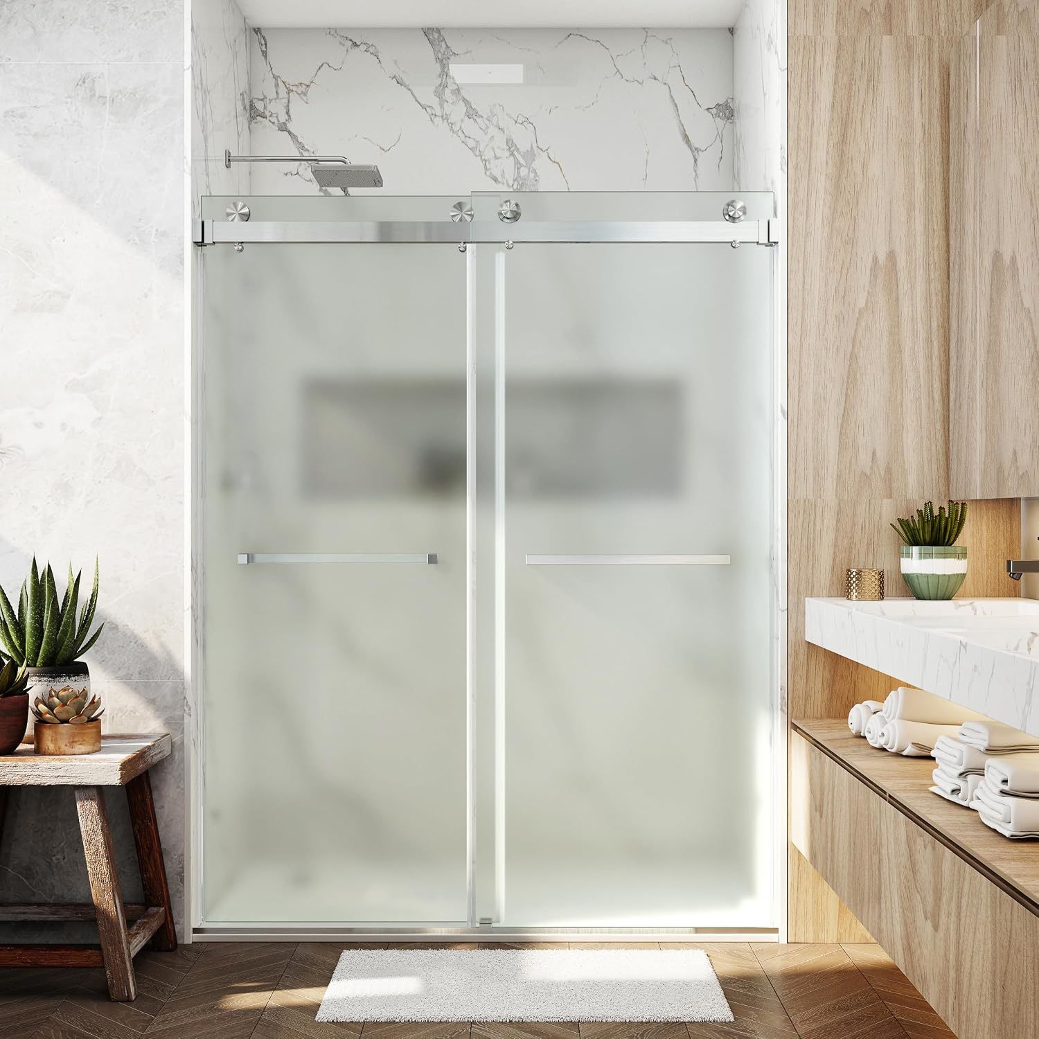 56-60' W x 76' Ultra-Clear Single Sided Frosted Shower Doors Double Sliding Frameless 3/8'(10mm) Tempered Glass with Towel Bar Handle (Brushed Nickel)