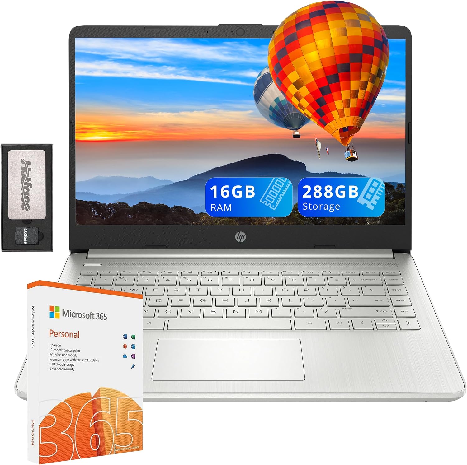 HP Stream 14' HD Laptop, Intel Celeron N4120, 16GB RAM, 288GB Storage (128GB eMMC + 160GB SSD Docking Station Set), Intel UHD Graphics, HD Webcam, WiFi, Bluetooth, 1 Year Office 365, Win 11 S, Silver