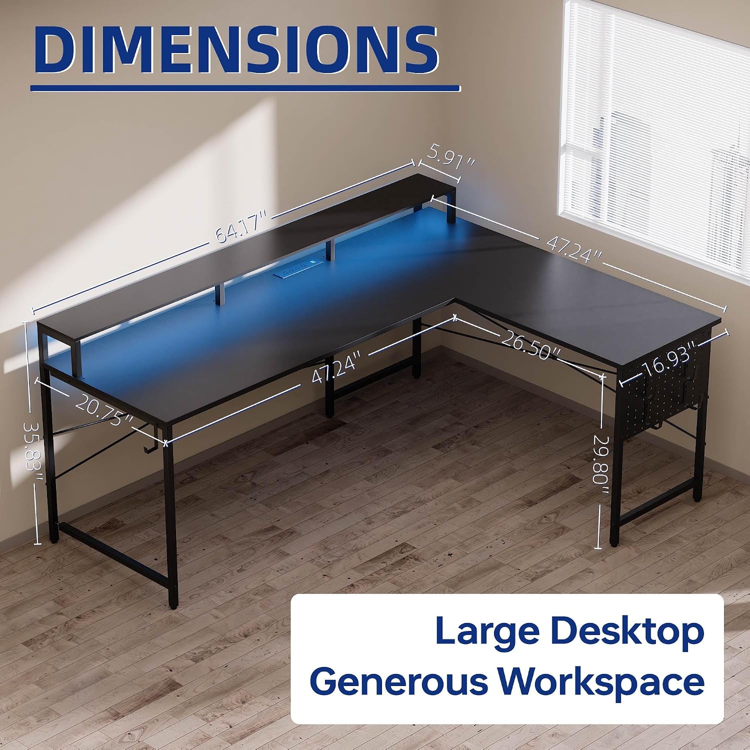 Pamray 64 Inch L Shaped Gaming Desk with Power Outlets and Led Lights, Large Corner Computer Desk with Monitor Stand and Pegboard, PC Table for Home Office and Bedroom Grey