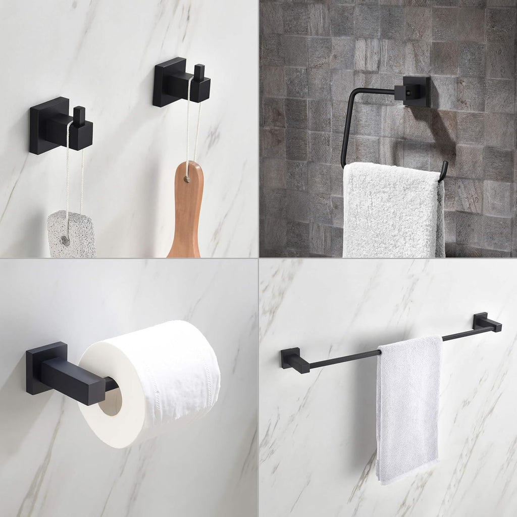 KIBI Cube 5-Piece Bathroom Hardware Set – Wall Mounted Bath Accessories Kit, Premium Brass, Includes Towel Bar, Towel Ring, Toilet Paper Holder, Robe Hook & Towel Hook (Matte Black, C-KBA15-5-1)