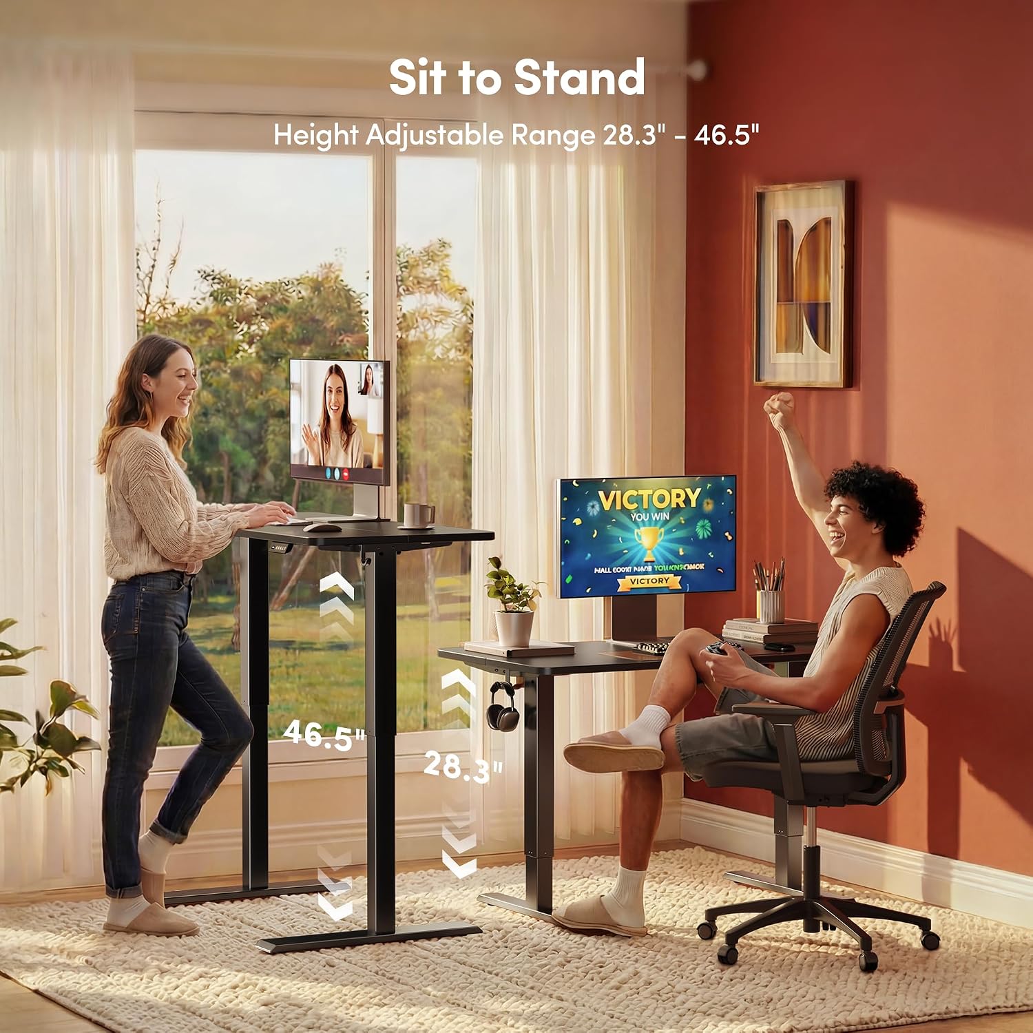 FEZIBO 40 x 24 Inchs Electric Standing Desk, Height Adjustable, Sit Stand Up, Computer Office Desk with Splice Board, Black Frame/Black Top