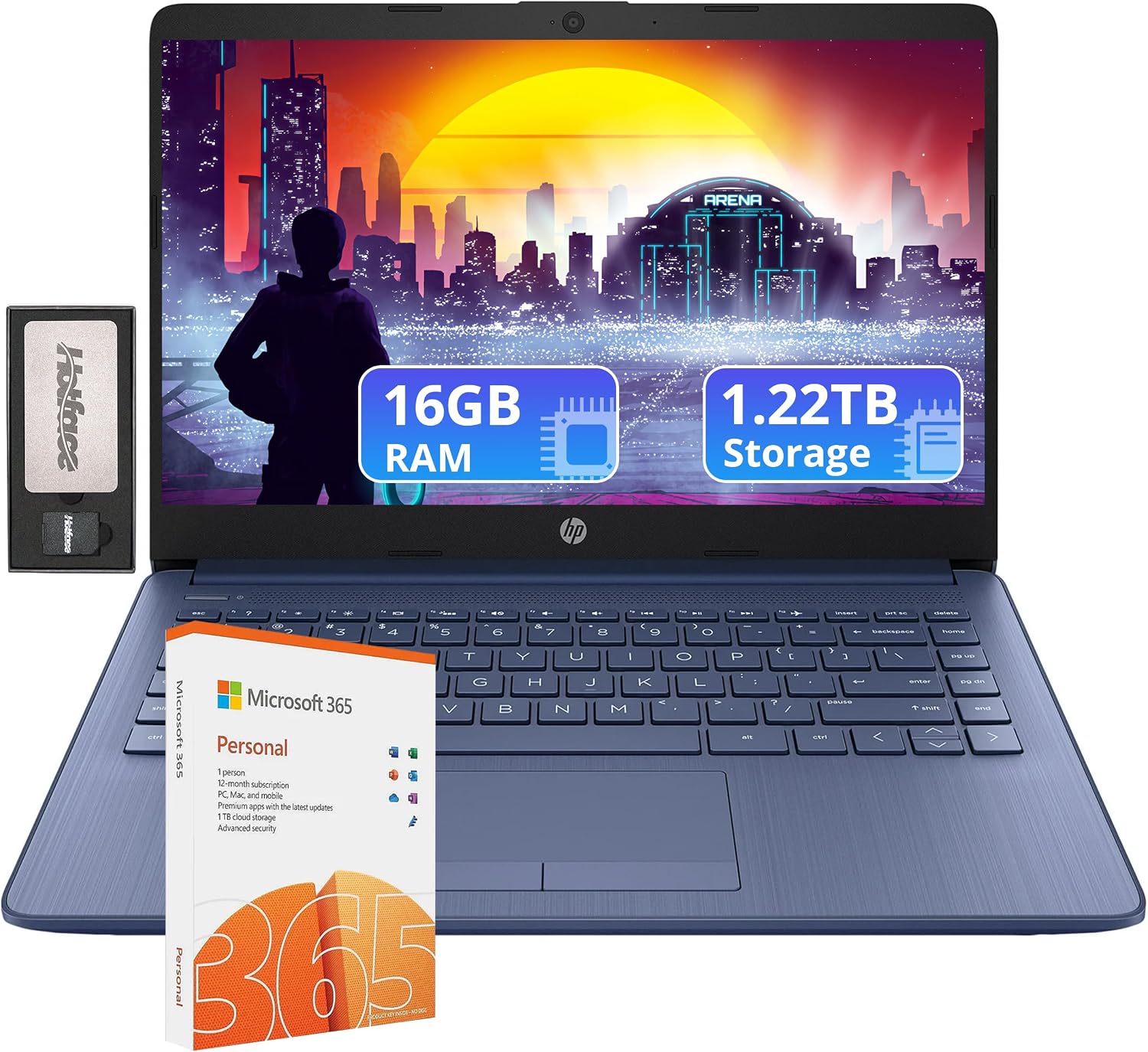 HP Stream 14' HD Lightweight Laptop, Intel Celeron N4120, 16GB RAM, 1.22TB Storage(64GB eMMC+160GB Docking Station Set+1TB Cloud Storage), Intel UHD Graphics, 1 Year Office 365, WiFi, Win 11s, Blue
