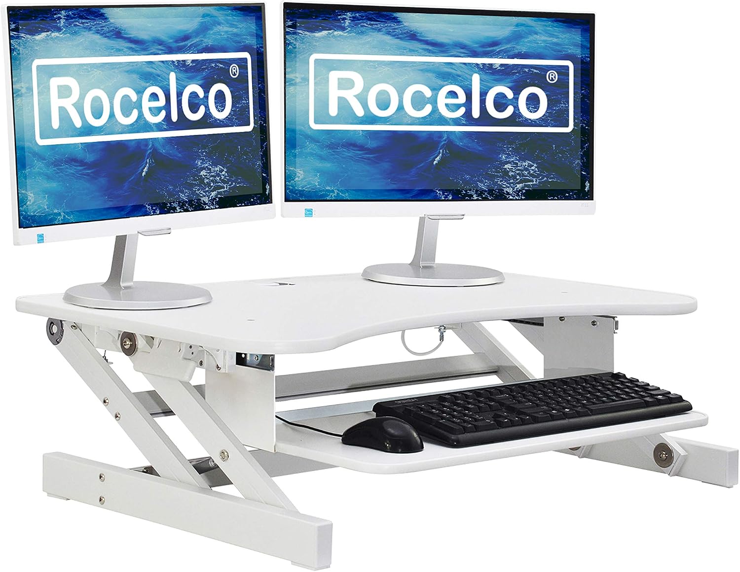 Rocelco 37.5' Deluxe Height Adjustable Standing Desk Converter - Quick Sit Stand Up Dual Monitor Riser - Gas Spring Assist Computer Workstation - Large Retractable Keyboard Tray - White (R DADRW)