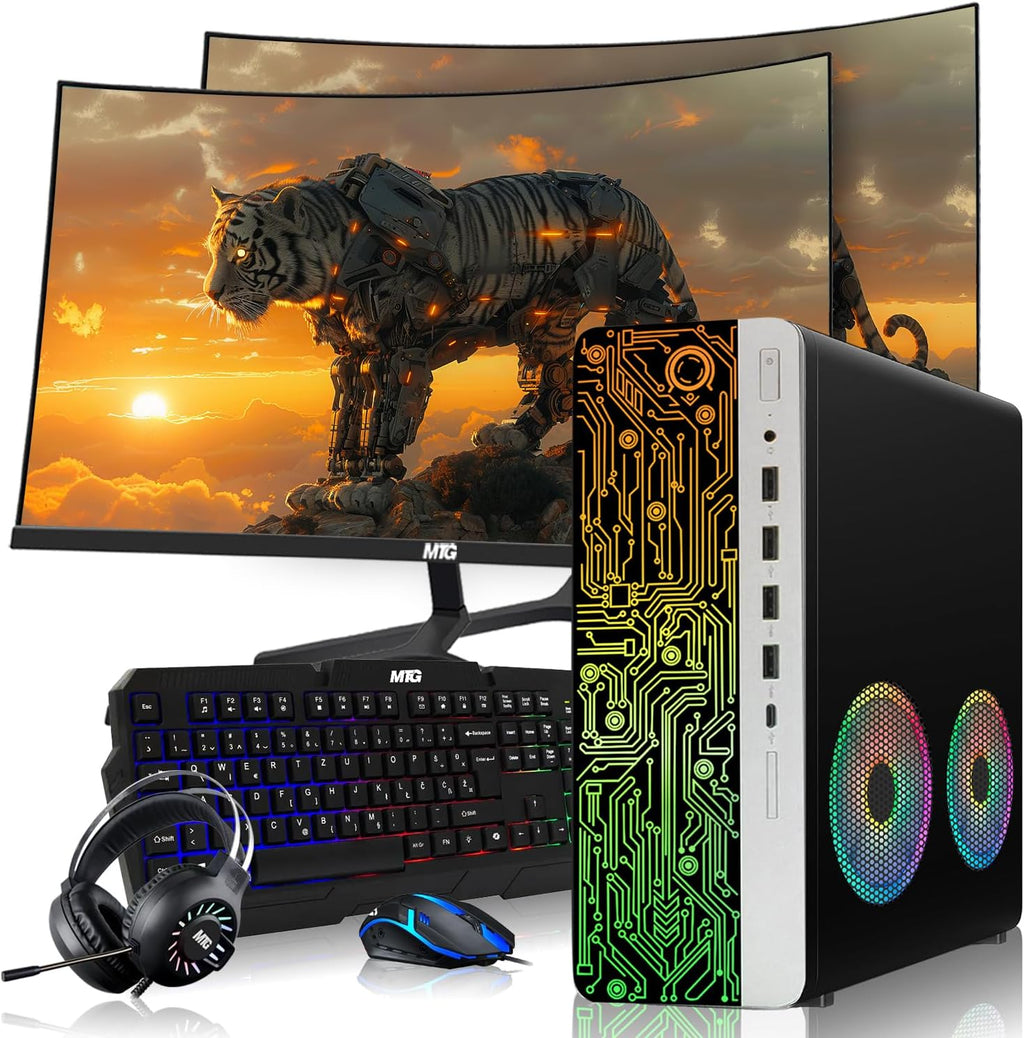 HP Gaming PC Desktop Computer – AMD Pro A10-9700,RX 550 Graphics,16GB RAM,512GB SSD,Dual 32 Inch Curved Monitor,RGB Keyboard with AI Copilot,Mouse,2X ARGB Fan WiFi,RGB Headphone,Windows 11(Renewed)