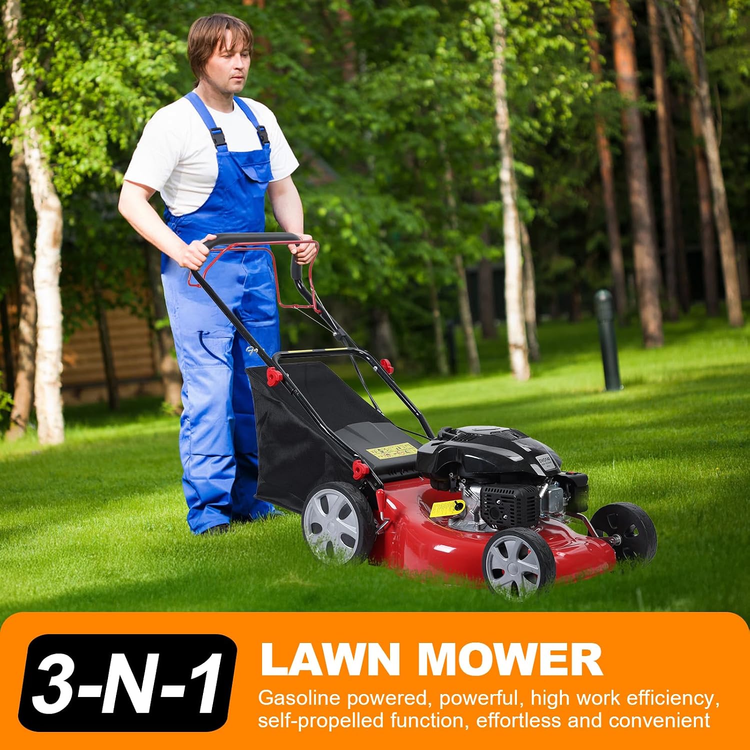 141cc 4-Stroke Self Propelled Gas Lawn Mower, Cordless Gas Engine Lawn Mower with 20 Inches Blade Walk-Behind Lawn Mover Cordless Push Lawn Mowers Tractors with 50L Grass Tank Big Wheels 2850RPM Red