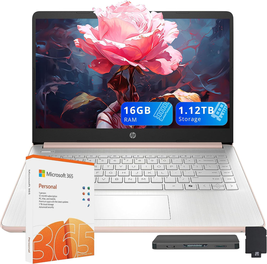 HP Stream 14' Laptop for Students & Business, Intel Processor N150, 16GB RAM, 1.12TB Storage (128GB UFS+1TB Docking Station Set), Wi-Fi 6, 1 Year Office 365, Copilot AI, Fast Charge, Win 11s, Gold
