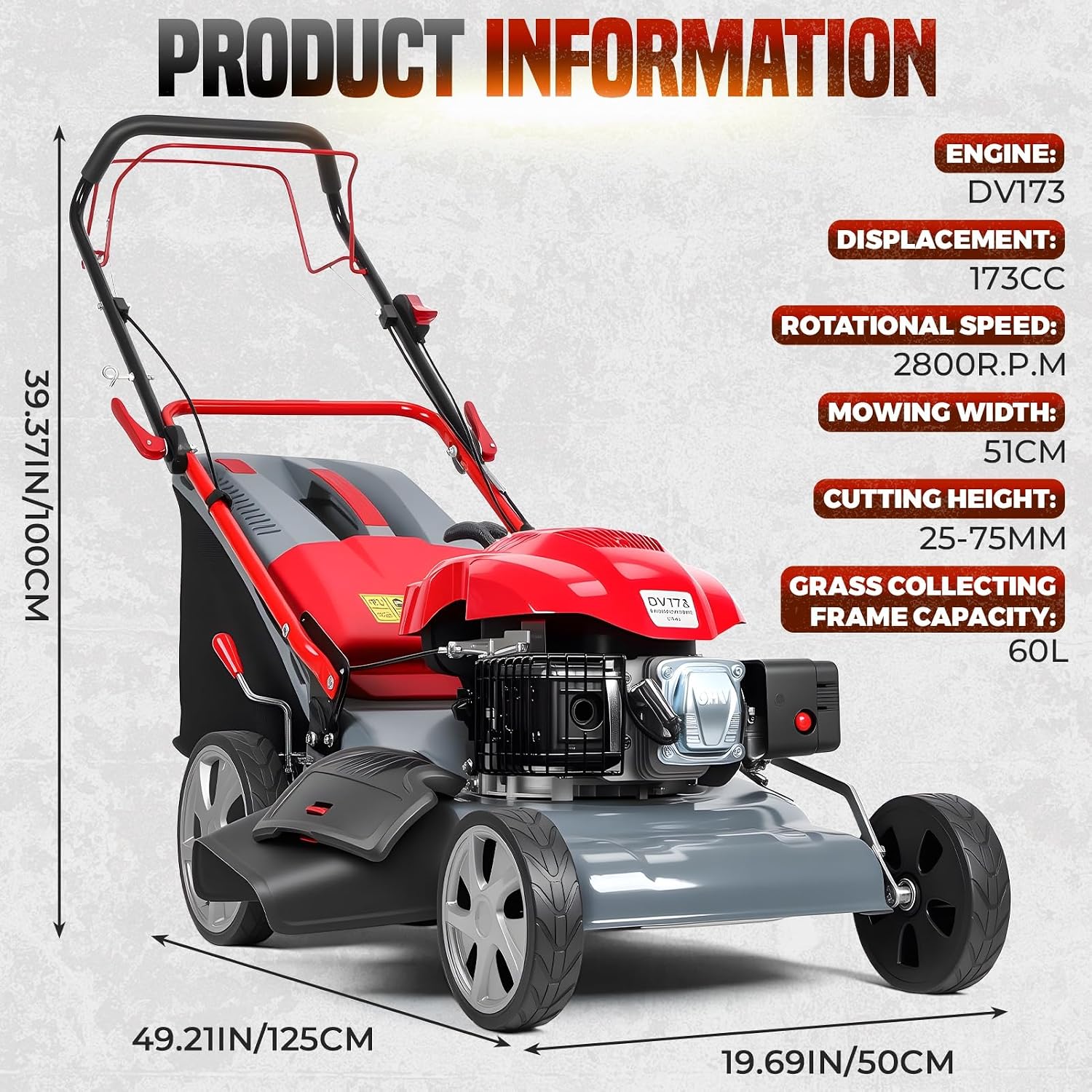 173cc Gas Engine Lawn Mower | 20-Inch Self Propelled Gas Lawn Mower | Push Lawns Mowers with 60L Grass Tank for Yard Patio Lawns Landscaping | Powerful Performance,Easy Start Red