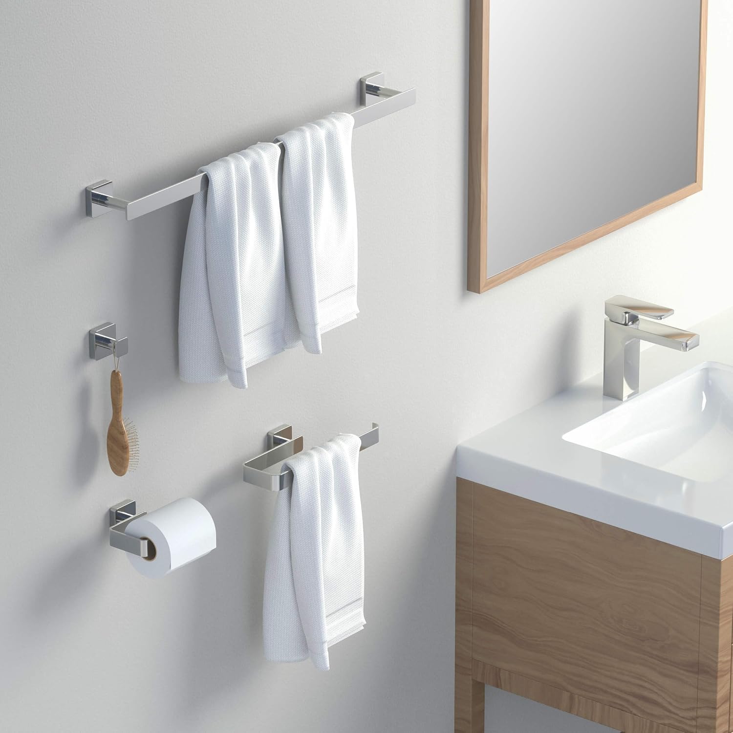 KIBI Blaze 4-Piece Bathroom Hardware Set in Chrome – Includes 25' Towel Bar, Towel Ring, Toilet Paper Holder & Robe Hook – Sleek Design, Rust-Resistant, Premium Quality Construction (Chrome, KBA16-4)