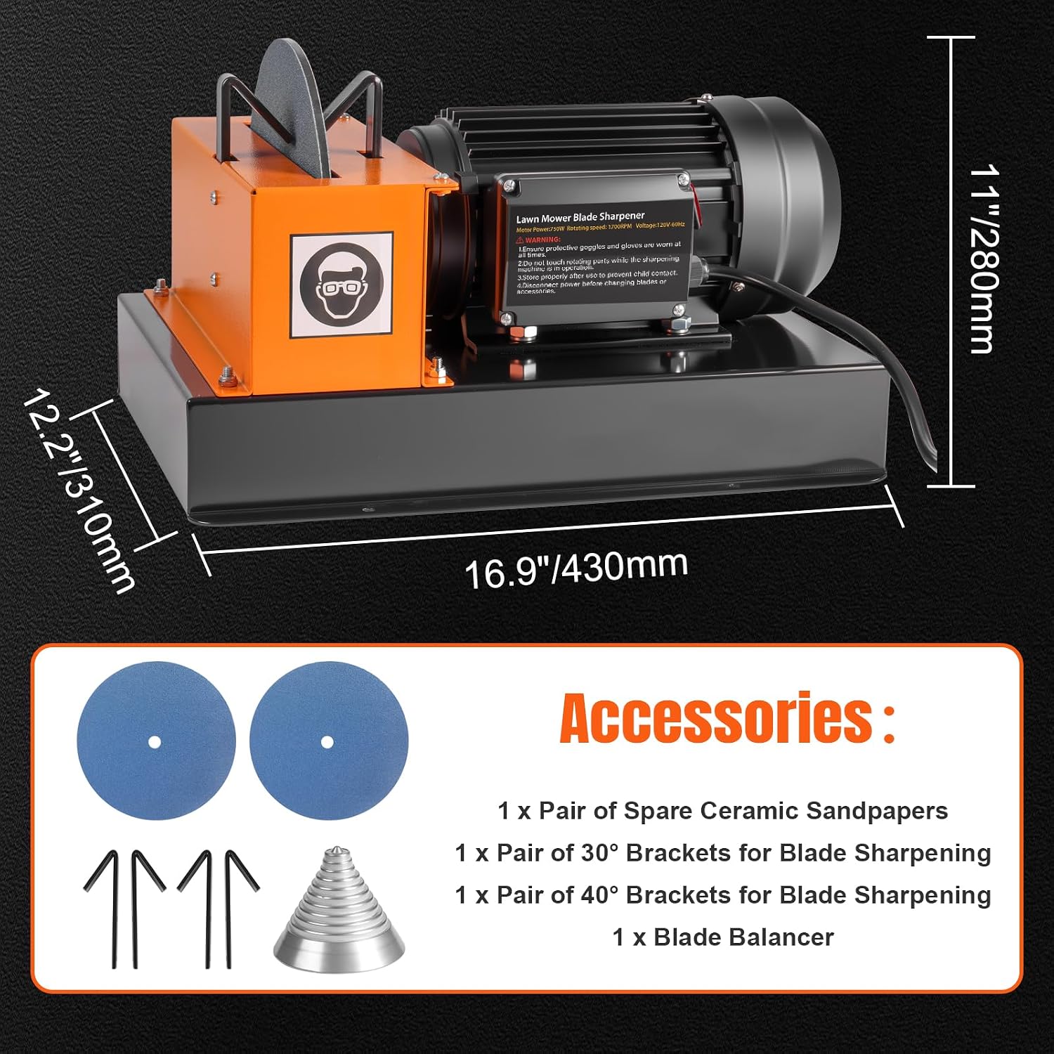 Lawn Mower Blade Sharpener – 1HP 750W Lawnmower Bench Grinder with 9-inch Ceramic Wheel for High/Low Lift, Flat & Gator Blades